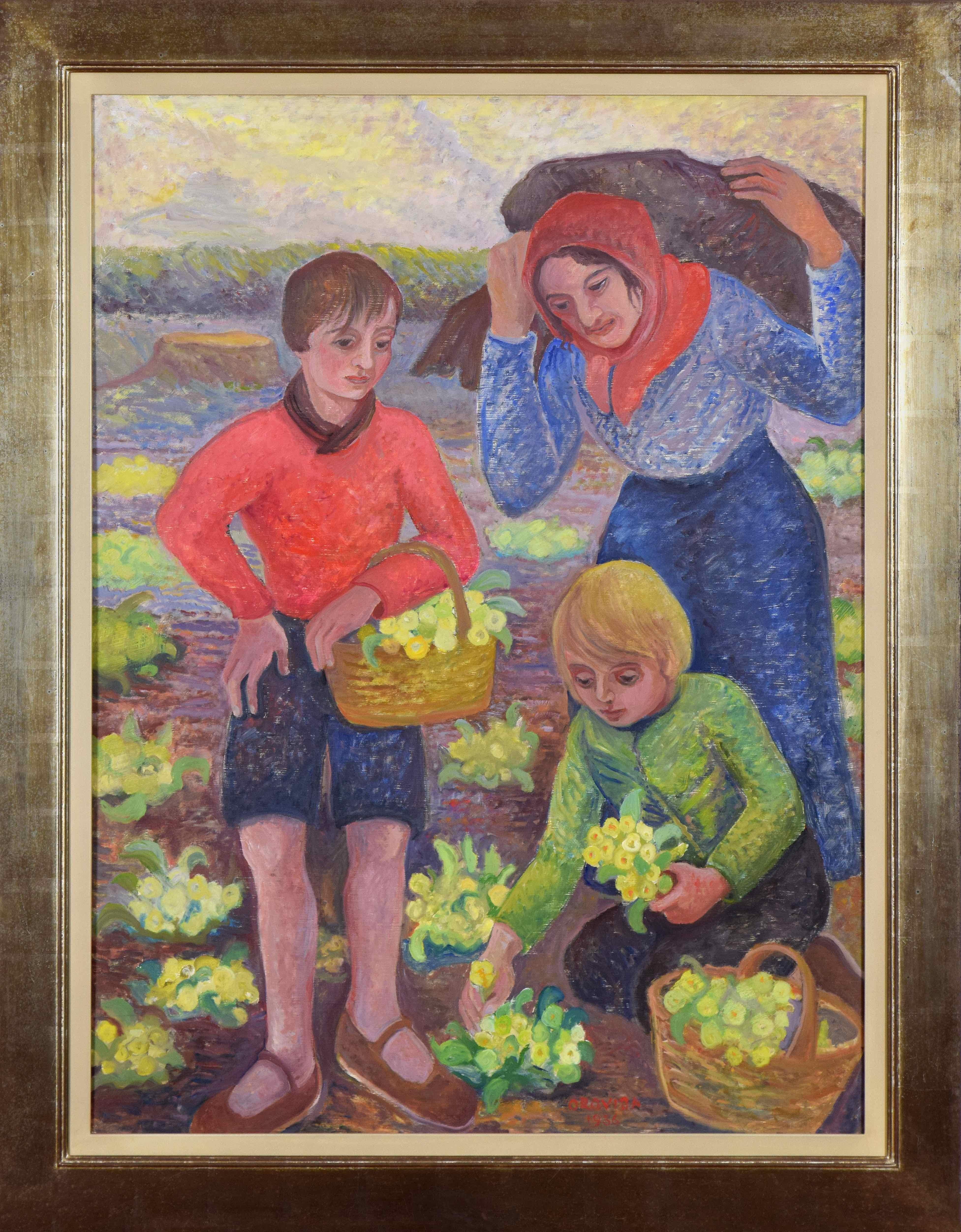 Spring (Primrose Gathering) by Orovida Pissarro (1893-1968)
Oil on board
101.5 x 76.4 cm (40 x 30 inches)
Signed and dated lower centre Orovida 1956

Provenance
Estate of Orovida Pissarro
With John Bensusan-Butt, cousin of the artist
G Hassell, 25th