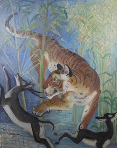 Vintage Tiger Surprises Black Buck by Orovida Pissarro - Animal painting