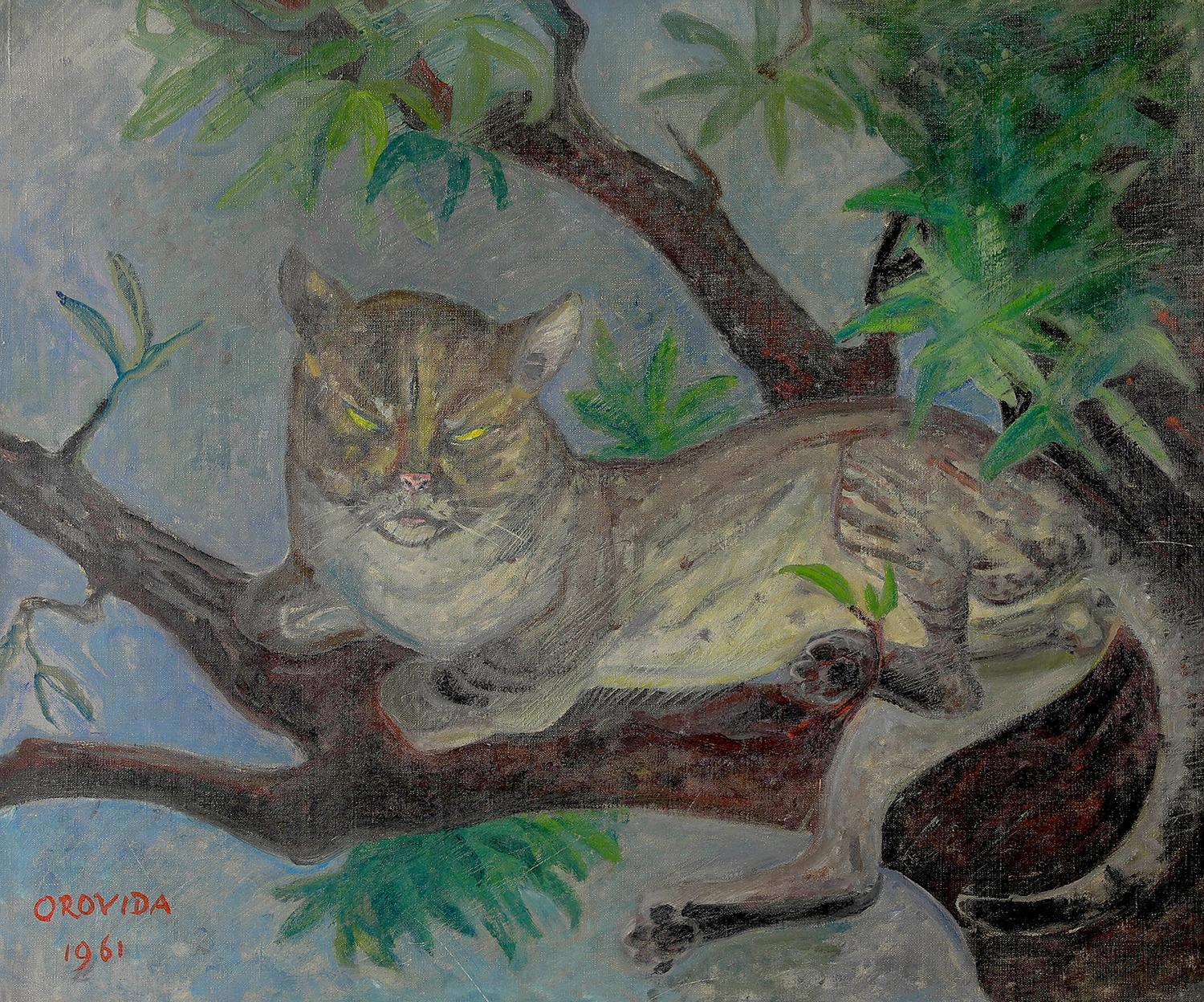 Tom Cat by Orovida Pissarro (1893-1968)
Oil on canvas
51 x 61 cm (20 ¹/₈ x 24 inches)
Signed and dated lower left Orovida 1961

Provenance
Collection of Carel Weight
Private collection, London

Literature
K L Erickson, Orovida Pissarro: Painter and