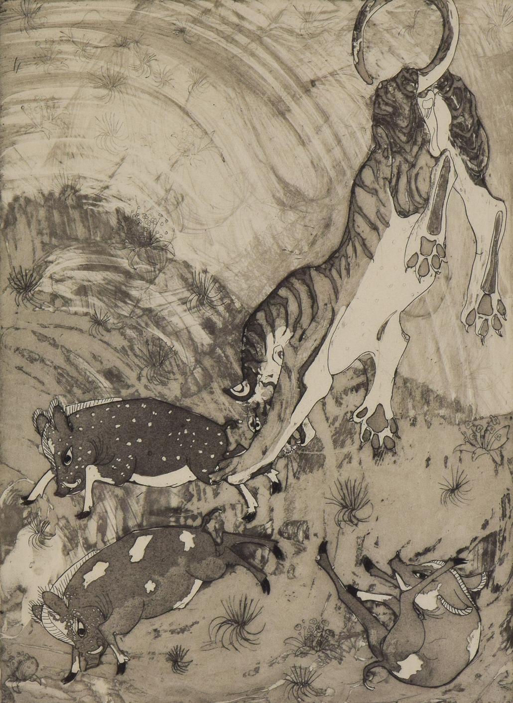 Peccarys and Tiger Pranks by Orovida Pissarro - Animal etching