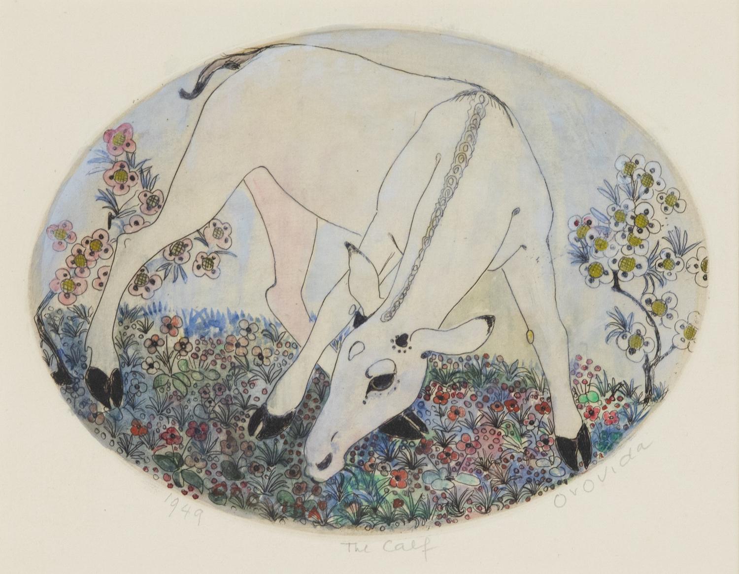 Le veau par Orovida Pissarro (1893-1968)
Aquarelle, coloriée à la main sur une eau-forte
17.5 x 23.2 cm (6 ⅞ x 9 ⅛ pouces)
Signé, titré et daté 1949 

Provenance
Collection privée, Europe

Biographie de l'artiste
Orovida Camille Pissarro, l'unique