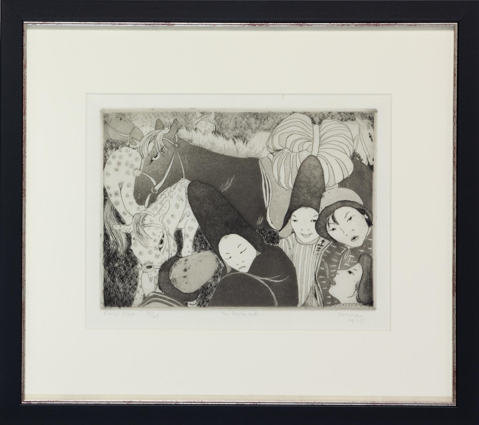The Nomads by Orovida Pissarro (1893-1968)
Etching and aquatint, final state 21/42
27 x 41 cm (10 ⁵/₈ x 16 ¹/₈ inches)
Signed, Orovida, and dated 1925

Orovida was a gifted printmaker and worked with etching, engraving and lithography. Also an