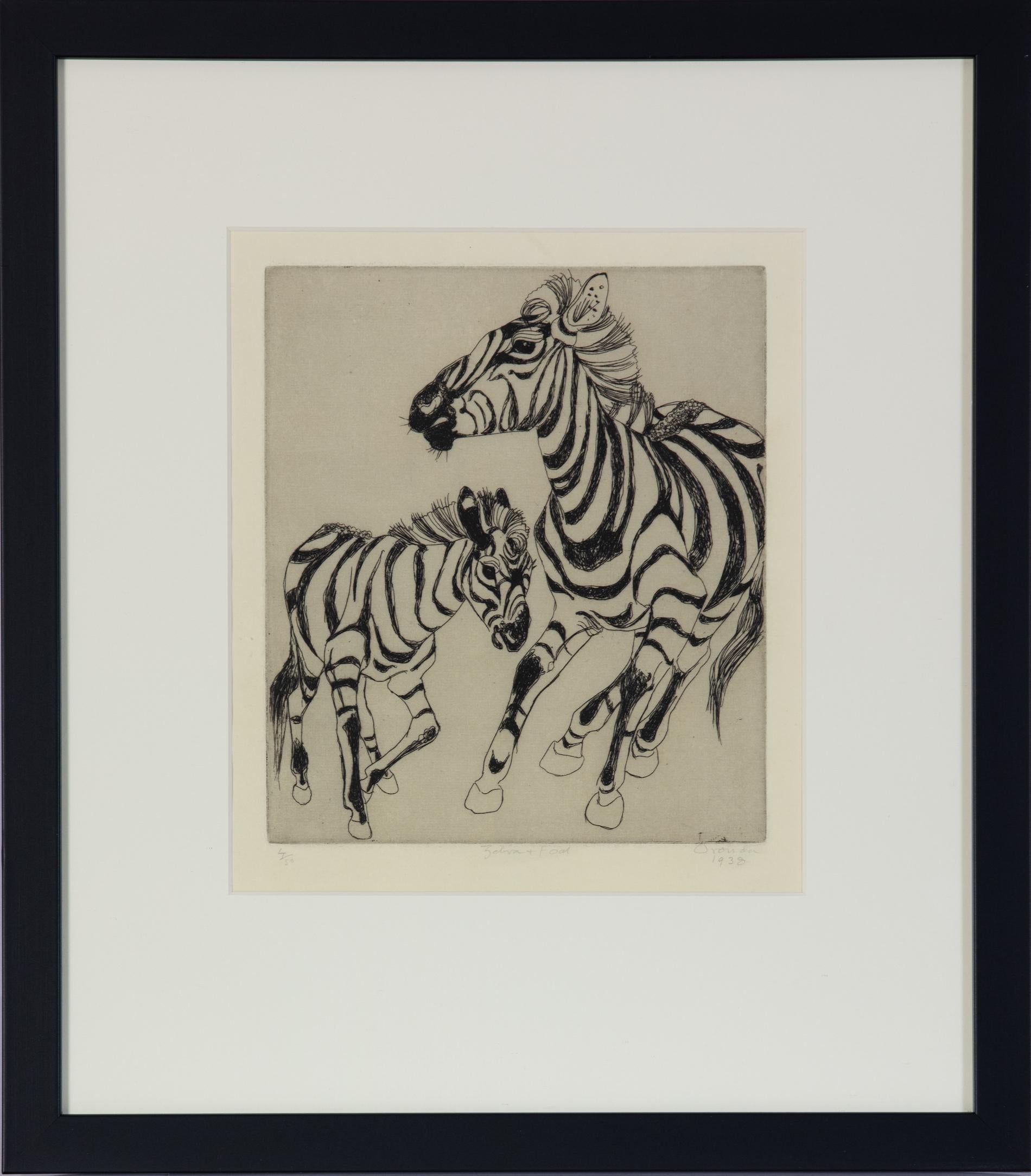 Zebra und Schaufel von Orovida Pissarro – Tierradierung im Angebot 1