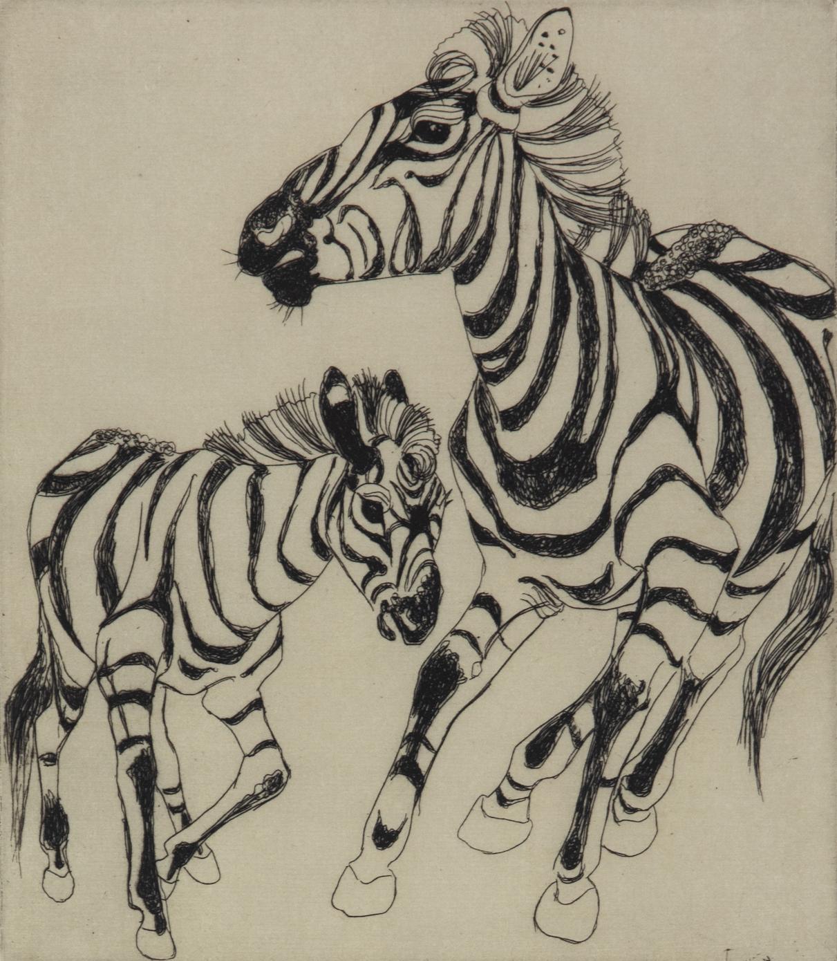 Cebra y potro de Orovida Pissarro (1893-1968)
Grabado
20 x 17,3 cm (7⁷/₈ x 6³/₄ pulgadas)
Firmado y fechado abajo a la derecha Orovida 1938
Titulado abajo en el centro y numerado 4/50 abajo a la derecha

Orovida fue un talentoso grabador y trabajó