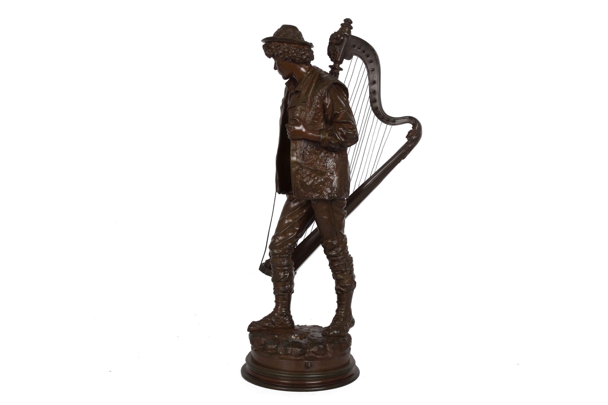 “Orphan Boy with His Harp” French Antique Bronze Sculpture by Eutrope Bouret In Good Condition In Shippensburg, PA