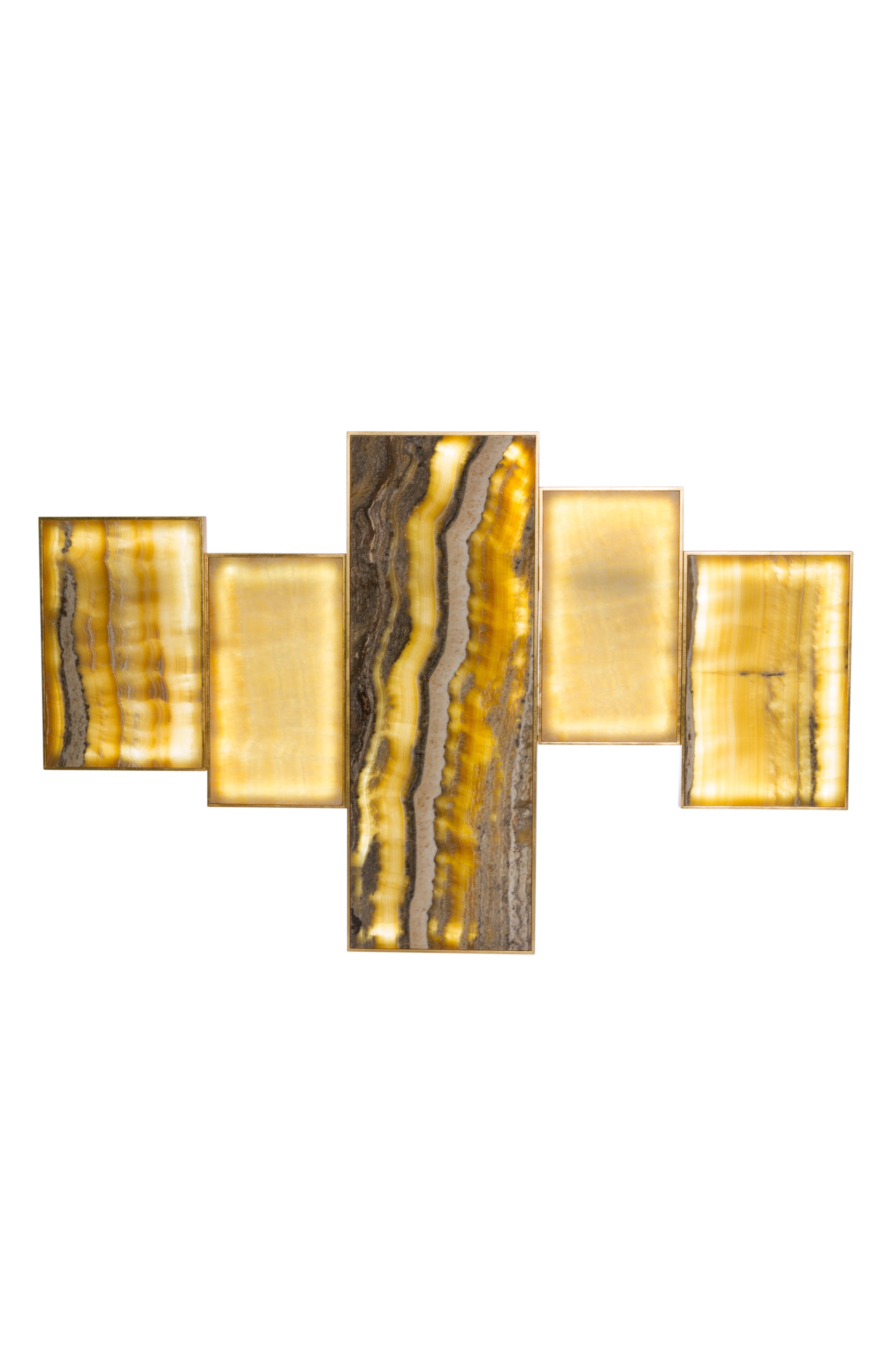 Orpheu Wall Art Piece, Modern Collection, Handcrafted in Portugal - Europe by GF Modern.

Orpheu is a stunning work of art with five interconnected, asymmetrically aligned decorative wall panels of polished Calacatta Lake Sunrise marble. Backlit