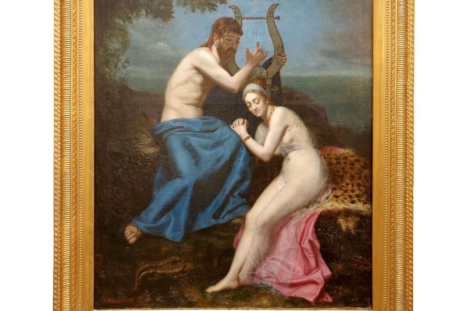 Large oil on canvas in portrait format representing a half nacked men wearing a blue chlamyd and a red taenia in his hair, he is playing lyre. A woman is listening, she wears a transparent exomid and she is sat on a pink imation and an animal skin,