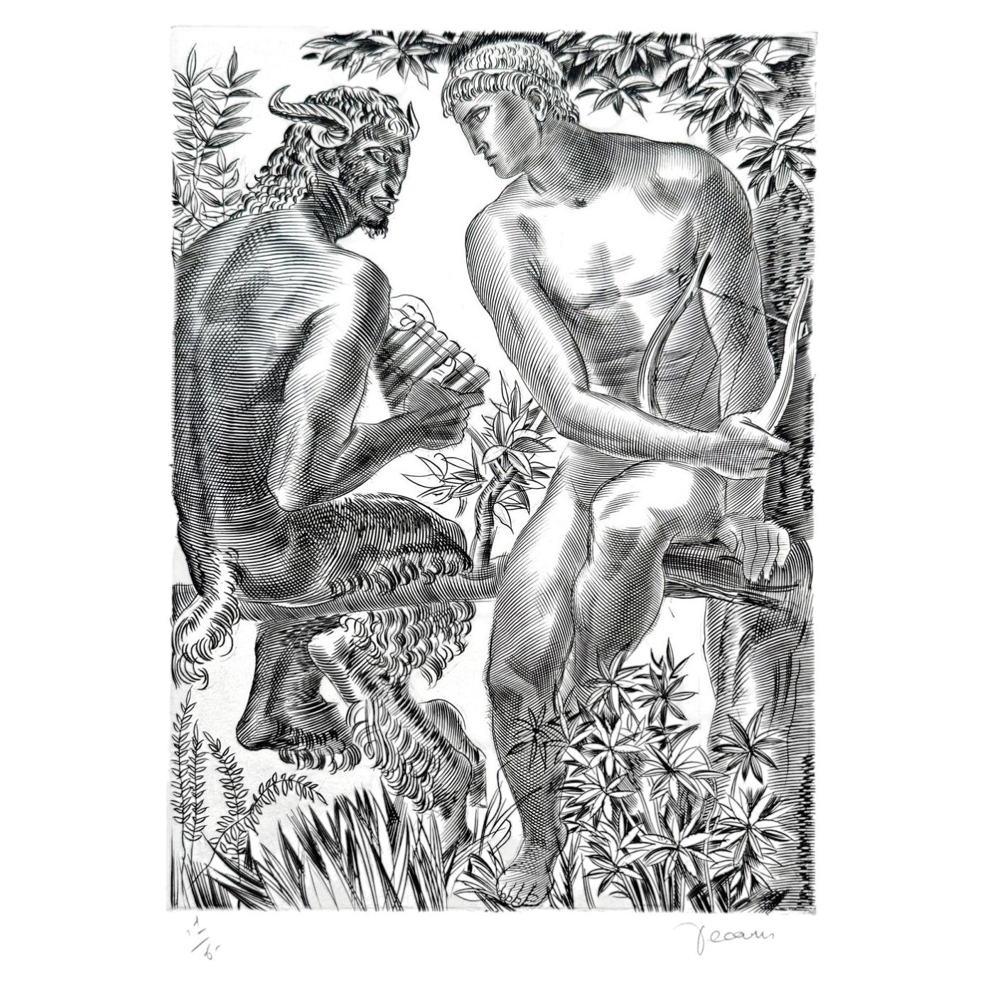 "Orpheus and Pan", Sensuous Art Deco Print with Nude Male Figures by Decaris