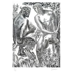 "Orpheus and Pan", Sensuous Art Deco Print with Nude Male Figures by Decaris