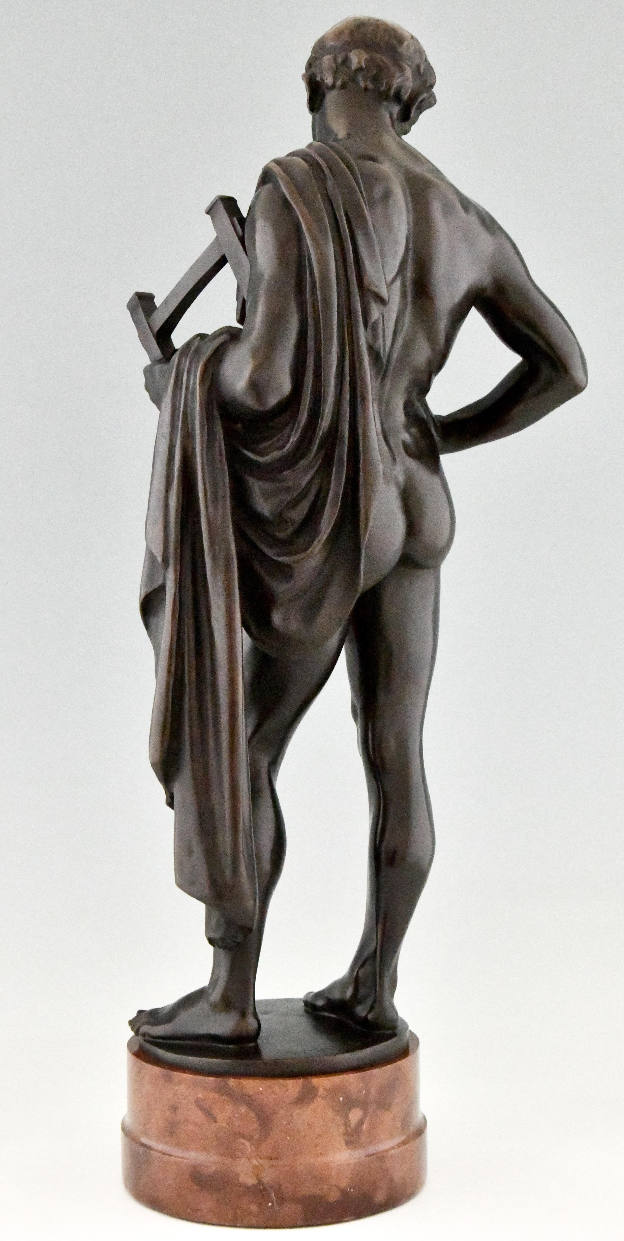 German Orpheus Antique Bronze Sculpture of a Male Nude with Lyre by George Mattes 1900