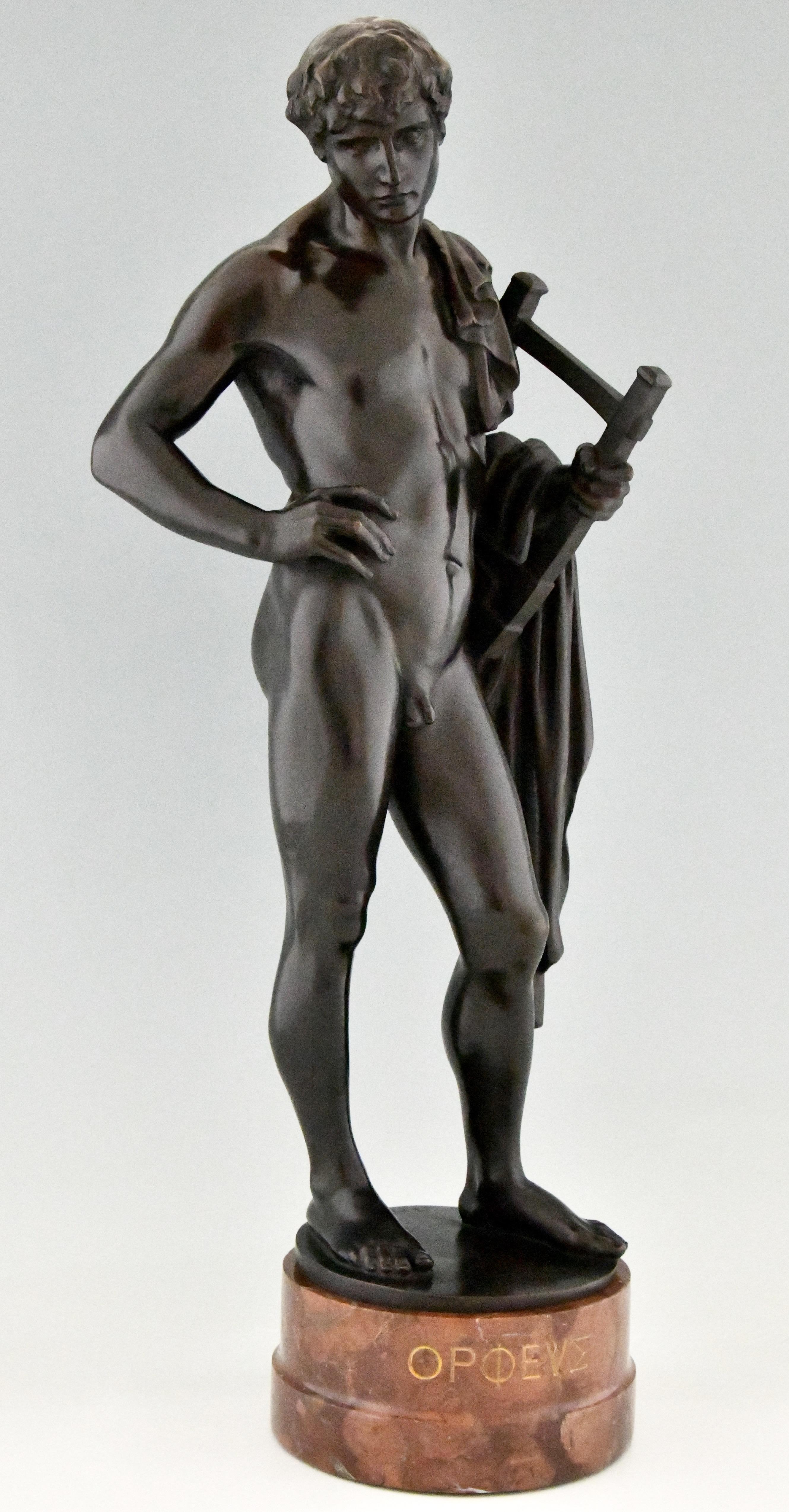 Orpheus Antique Bronze Sculpture of a Male Nude with Lyre by George Mattes 1900 1