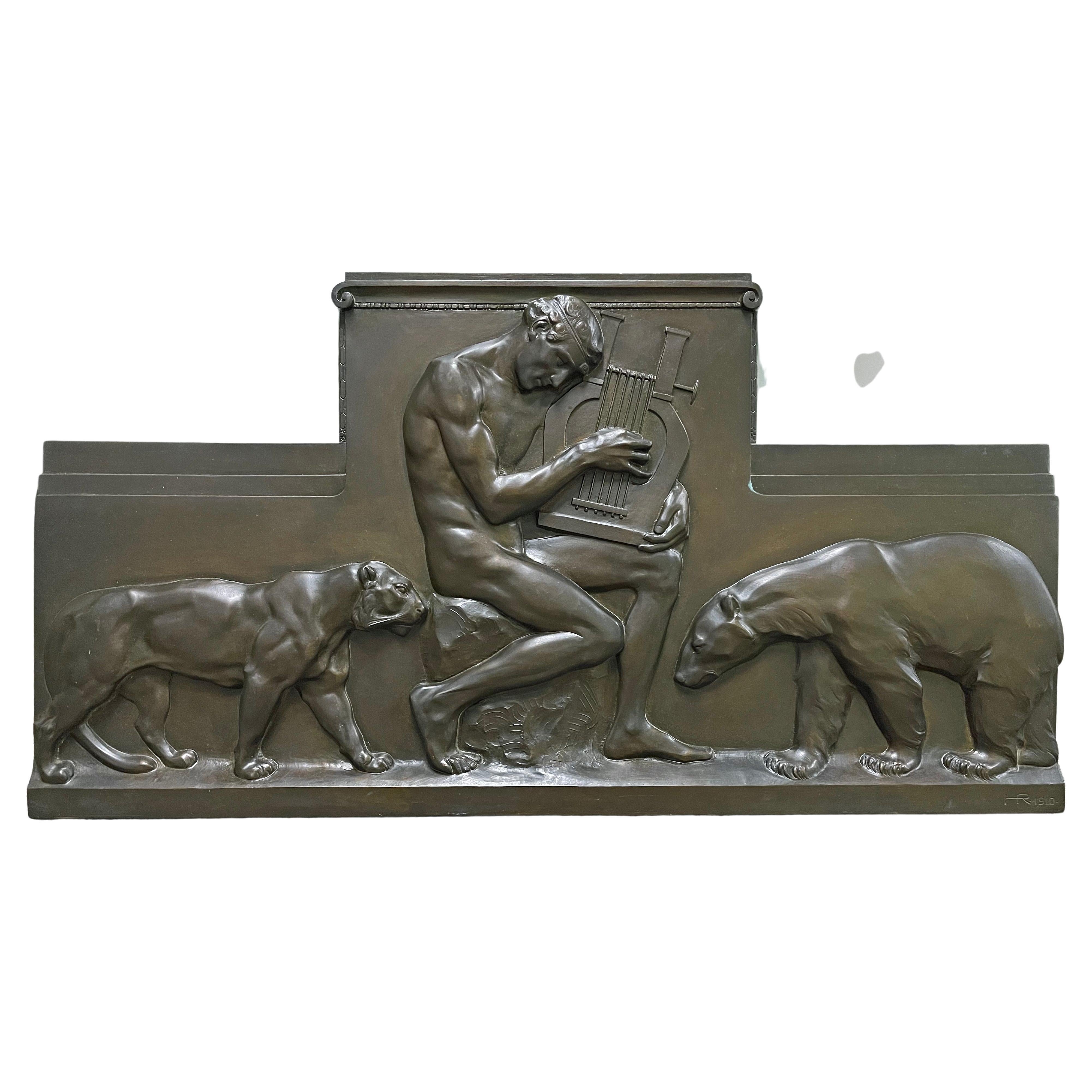 "Orpheus Charming the Animals, " Monumental Bronze Relief with Nude Male, 1910 For Sale