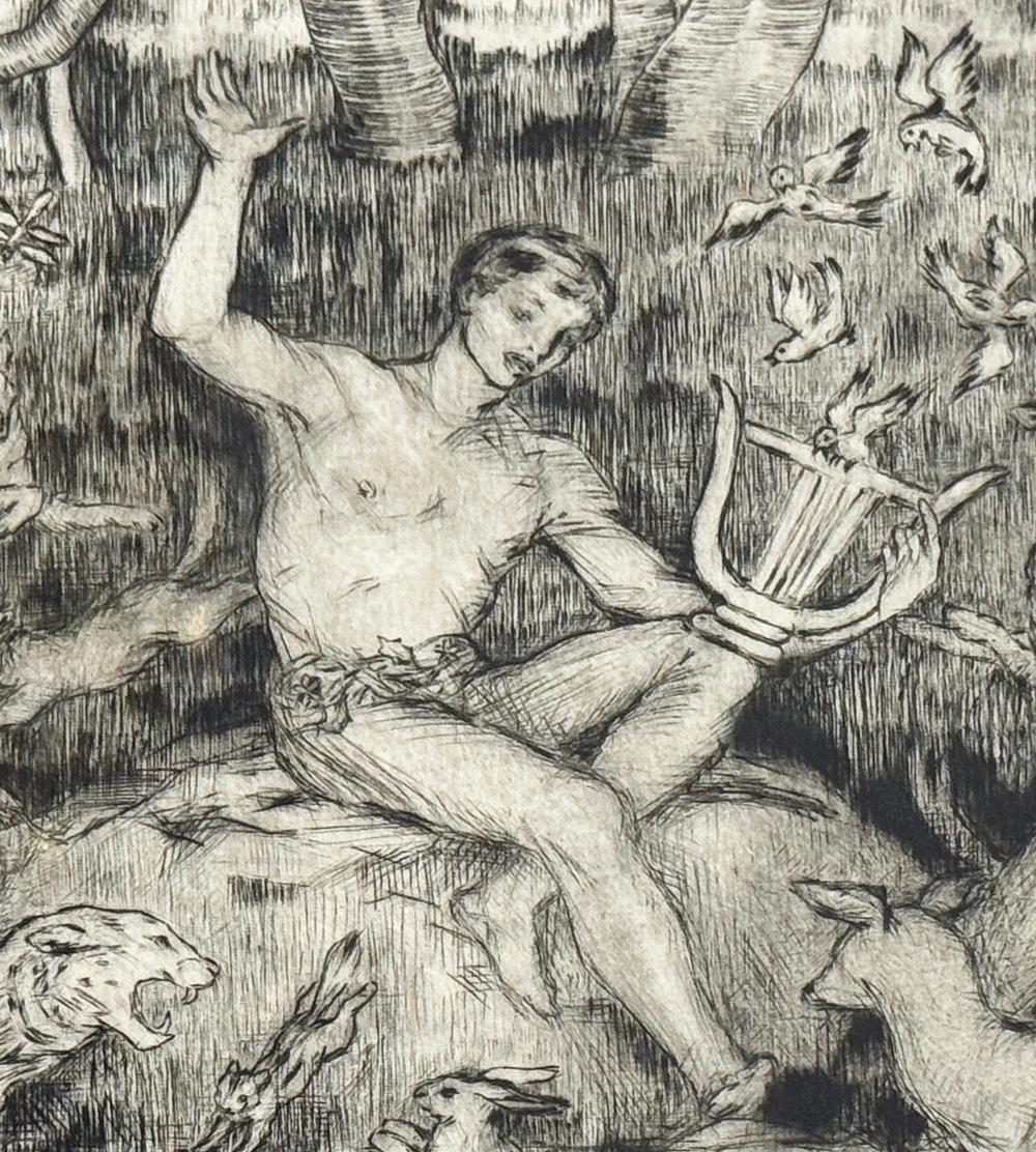 Estremamente rara, forse unica, questa stampa degli anni '20 di Orfeo che incanta gli animali con la sua lira e il suo canto è stata realizzata da David Hamilton, stimato poeta e uomo d'affari.  Orfeo è circondato da un serraglio di animali che