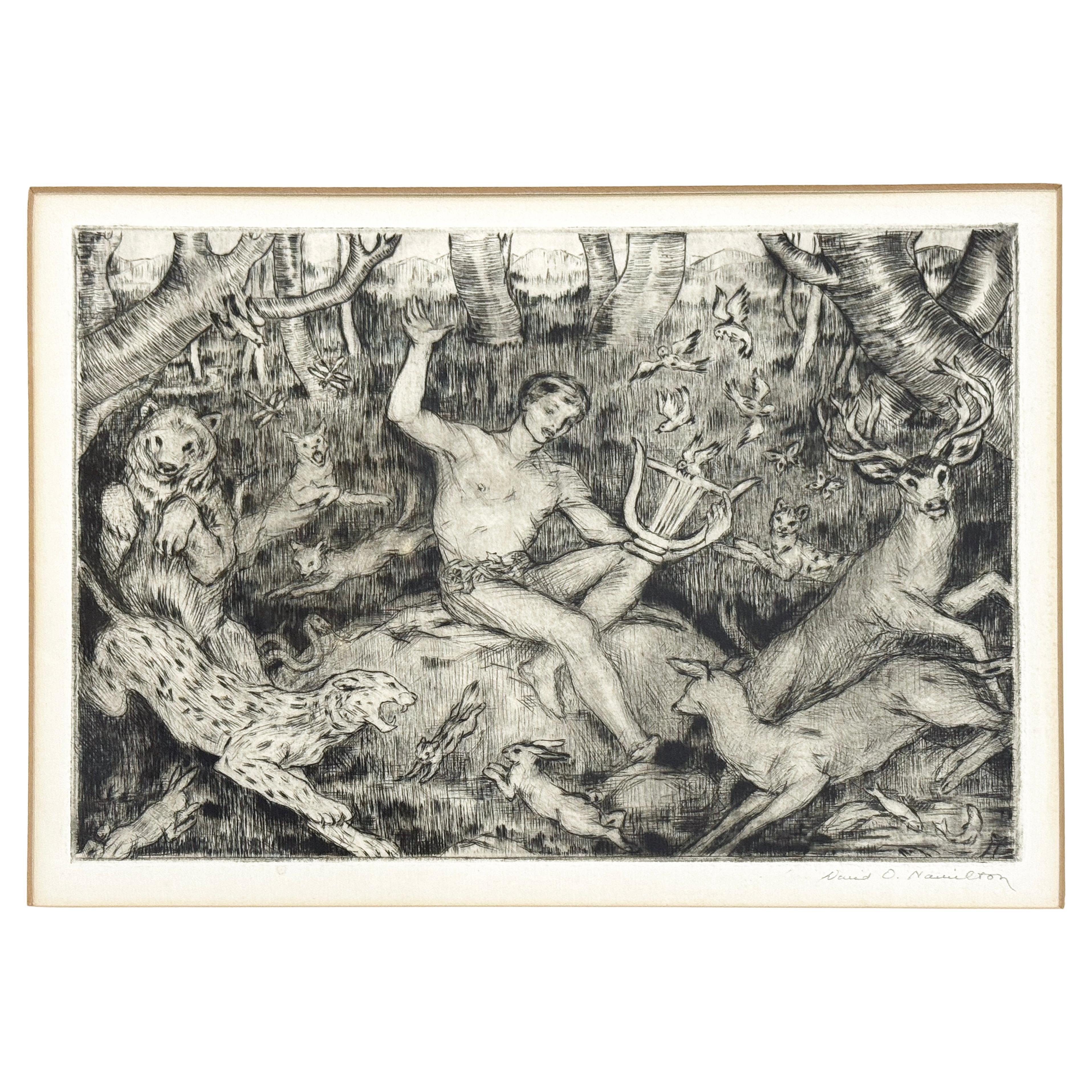 "Orpheus Charming the Animals", Rare 1920s Print with Mythological Theme