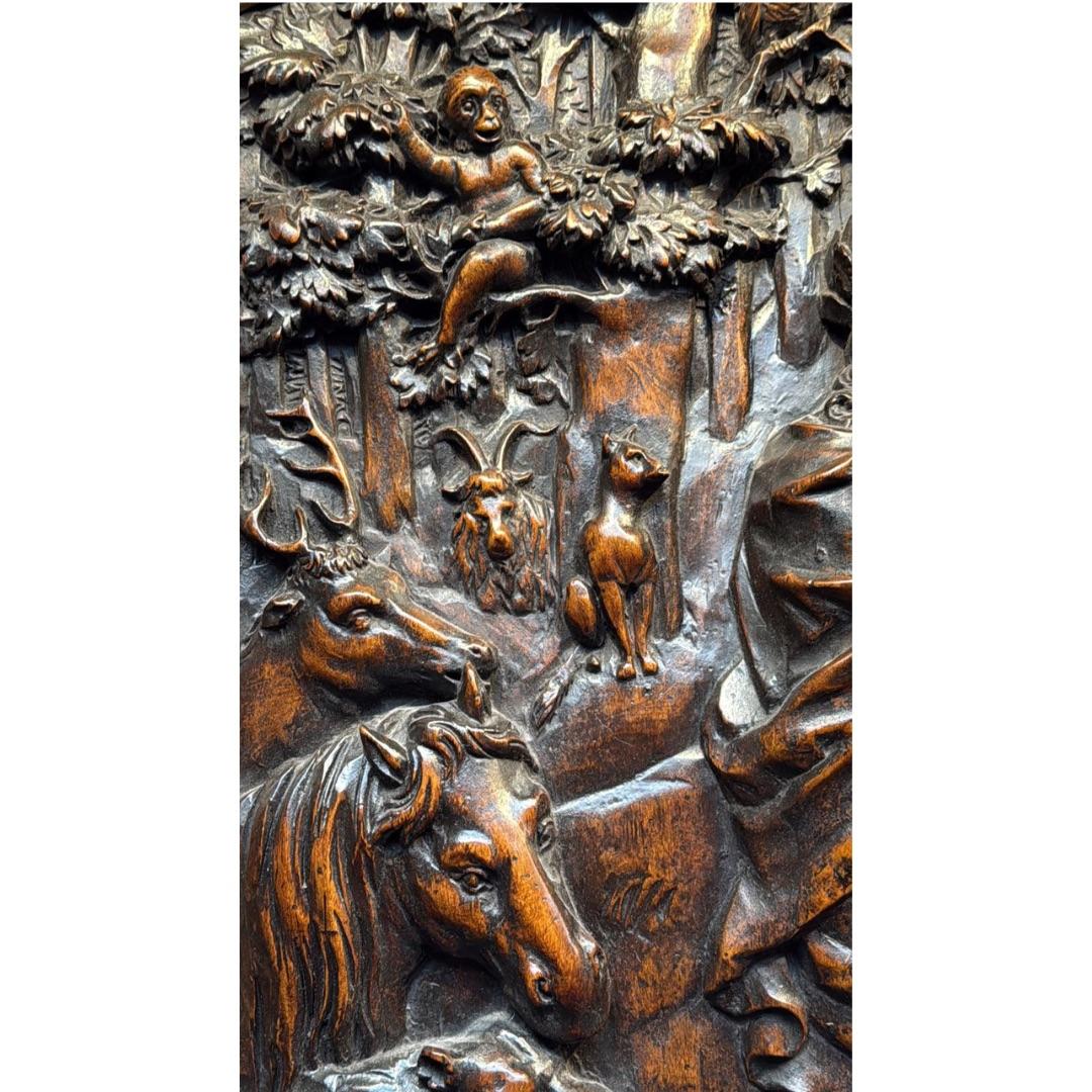 Cette scène est inspirée d'un passage des Métamorphoses du poète romain Ovide. Orphée, le musicien et poète mythologique grec, chantait et jouait de manière si sublime que tous les animaux, même les plus féroces, s'approchaient pour l'écouter. La