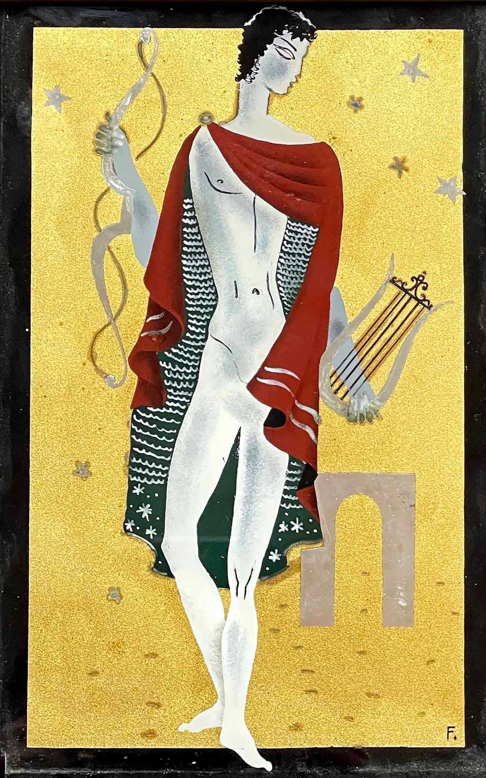 An elegant and sophisticated example of high style Art Deco eglomise painting, this depiction of a stylized Orpheus figure with lyre and cape is painted in rich tones of gold, black and wine.  Painted by a French artist who signed it 