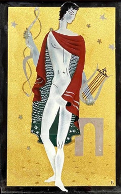 "Orpheus with Lyre and Cape", Fine Art Deco Eglomise Painting in Gold and Wine