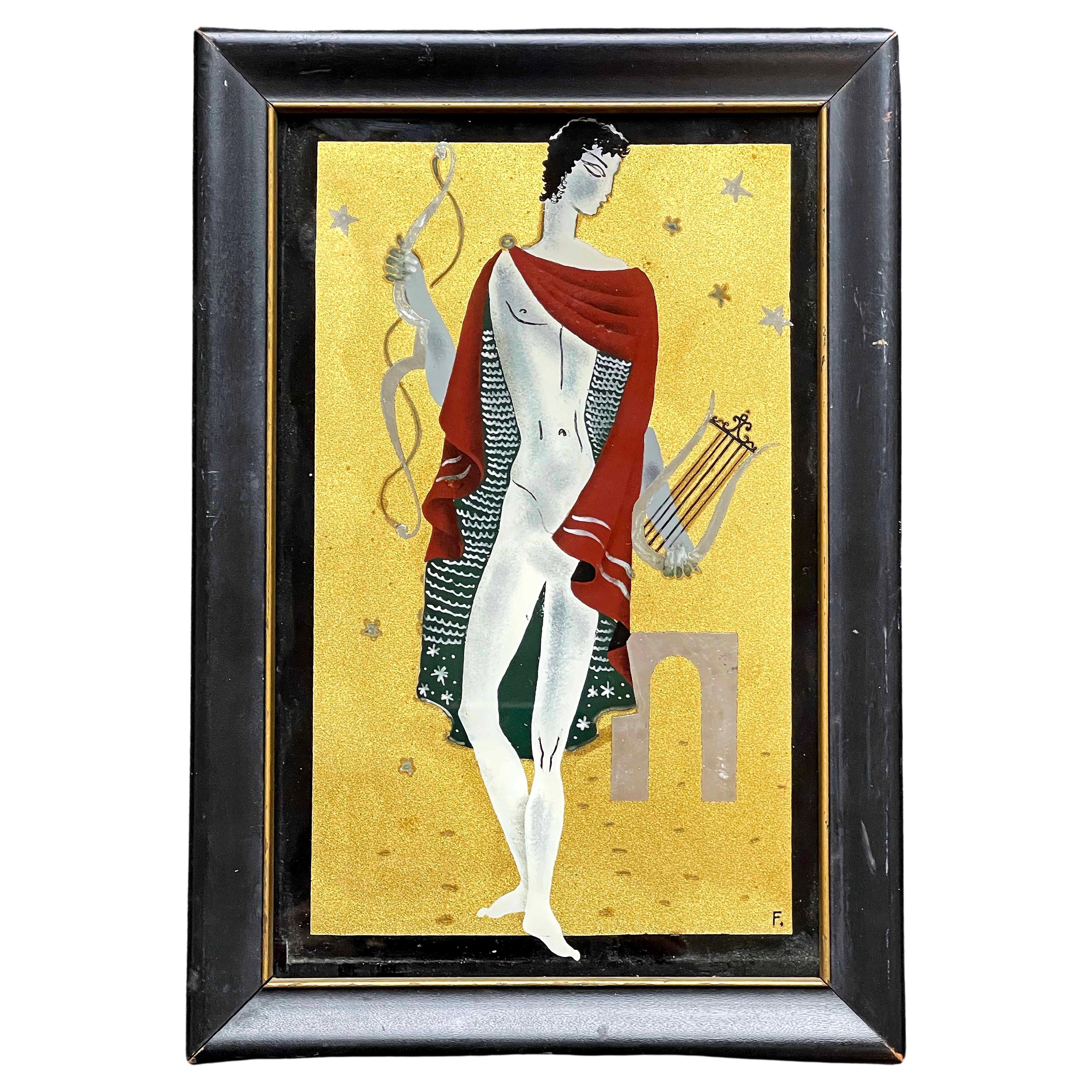 "Orpheus with Lyre and Cape", Fine Art Deco Eglomise Painting in Gold and Wine