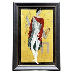 "Orpheus with Lyre and Cape", Fine Art Deco Eglomise Painting in Gold and Wine