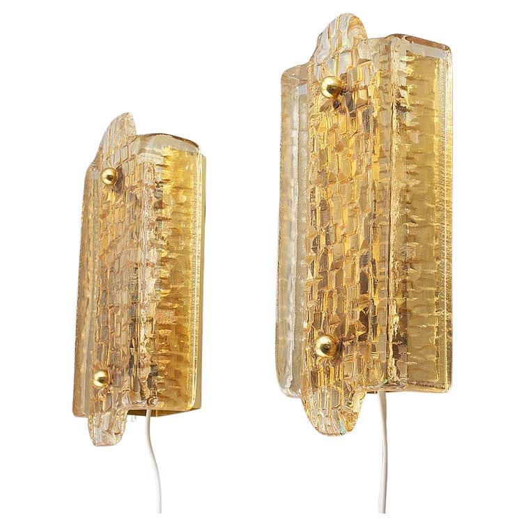 Orrefors a Pair of Cast Glass and Brass Wall Light, Sweden, 1960