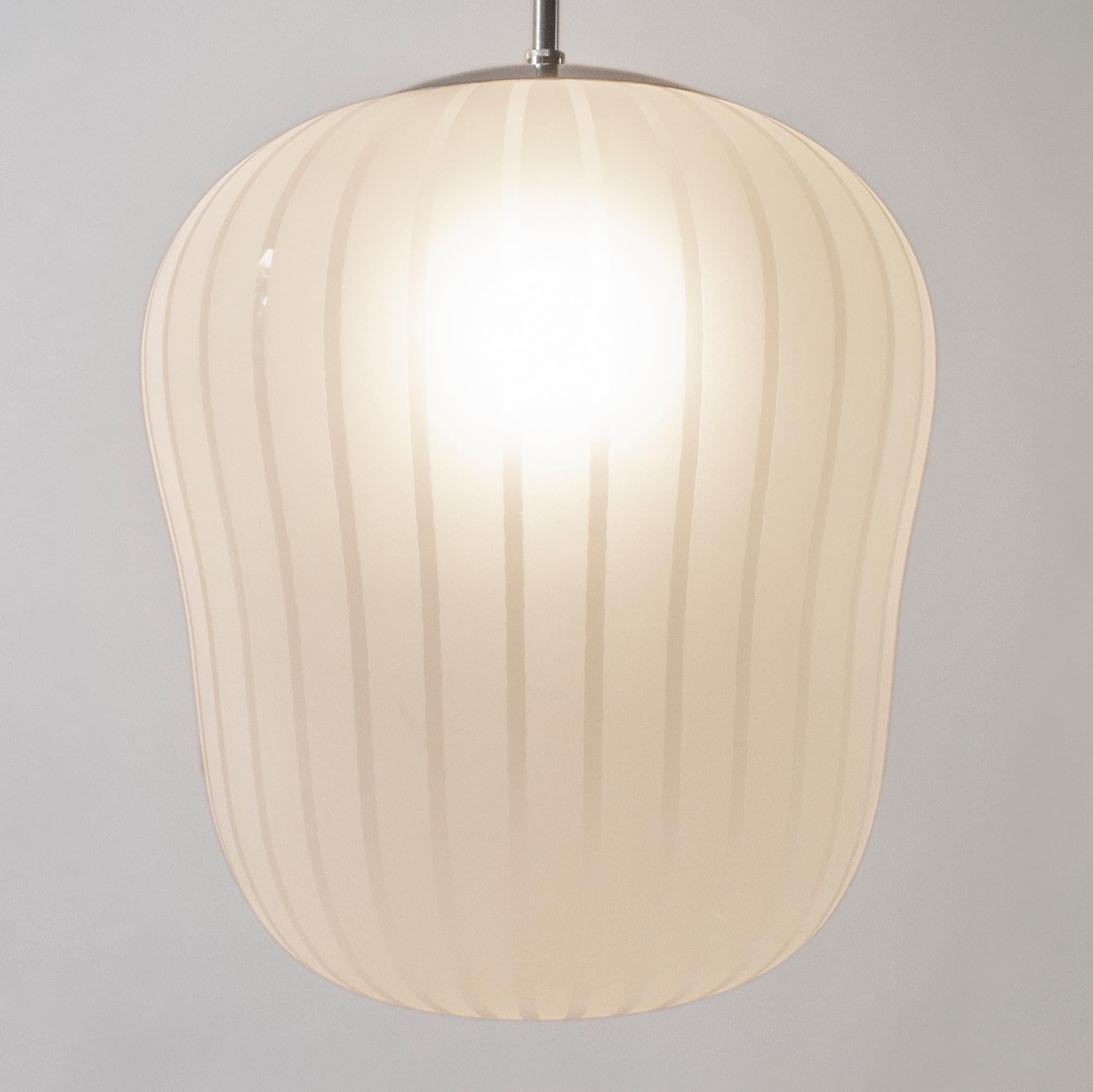 Professionally restored, rewired and ready to add to your collection. The domed nickel-plated canopy, above hanging rod suspending a large colorless glass diffuser, the interior etched to conceal the single light bulb, the exterior adorned in