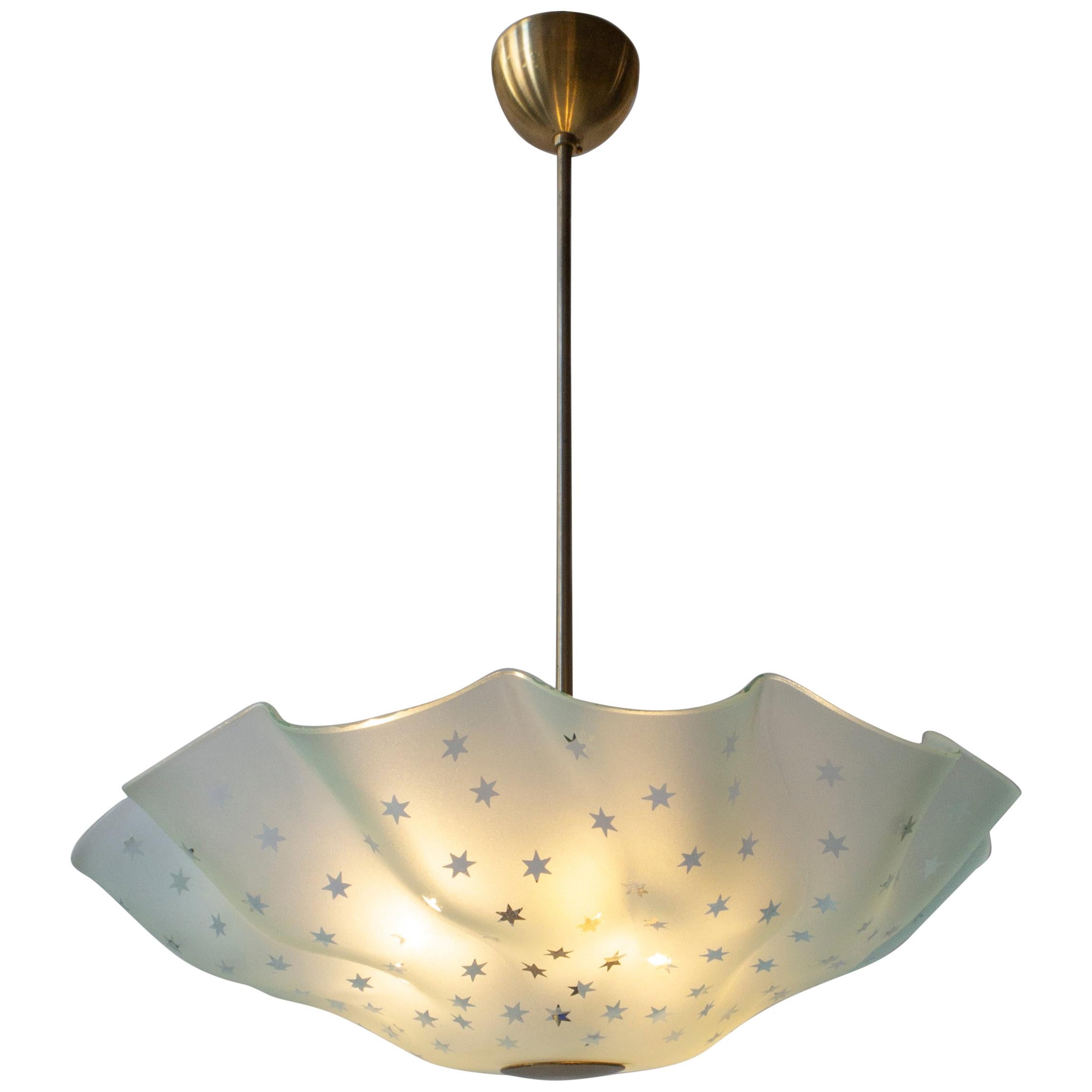 Orrefors Attributed, Rare Swedish Frosted Glass & Brass Handkerchief Chandelier