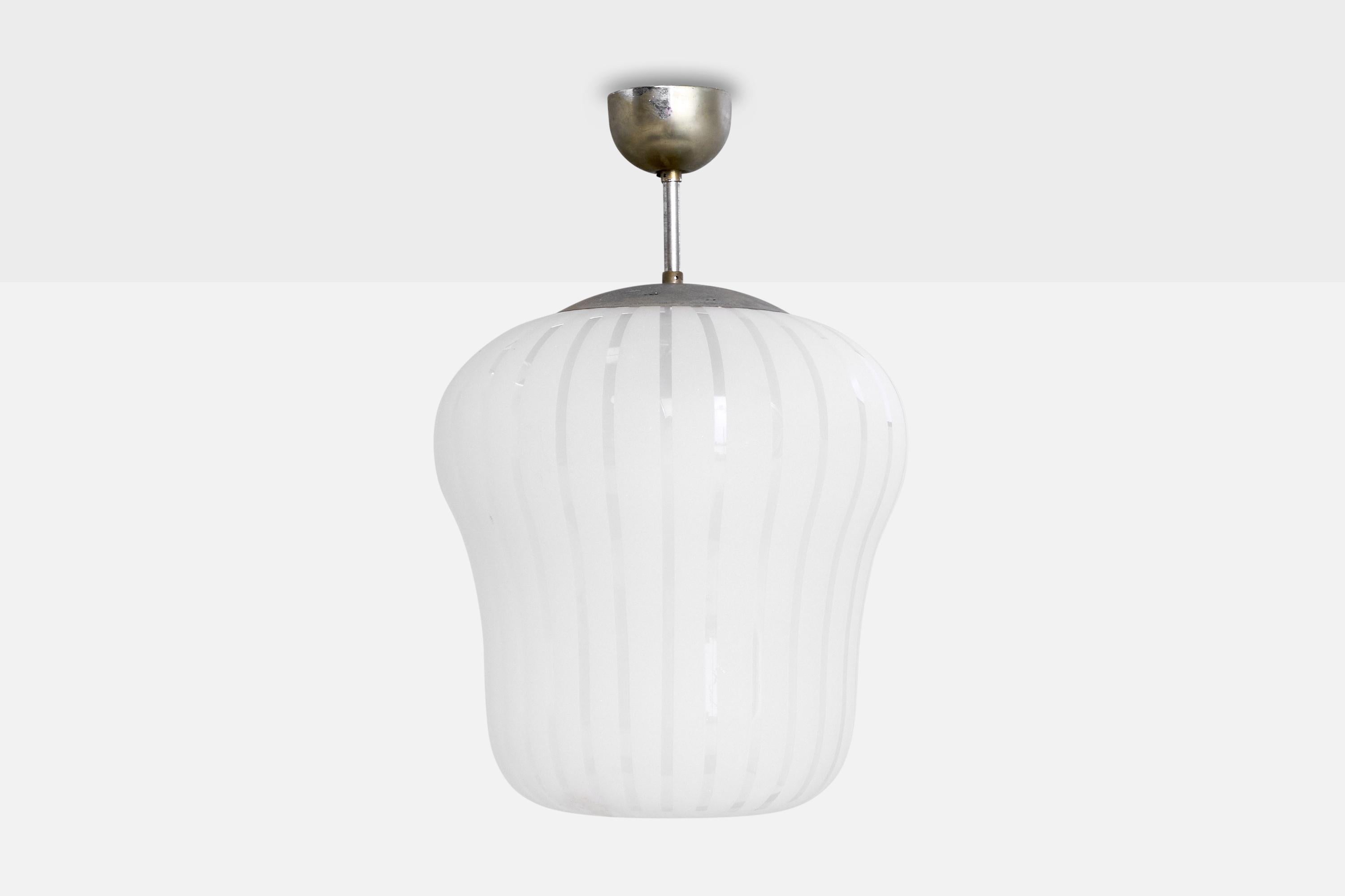 Scandinavo moderno Orrefors Attribution, lampada a sospensione, nichel, vetro, Svezia, anni '40 in vendita