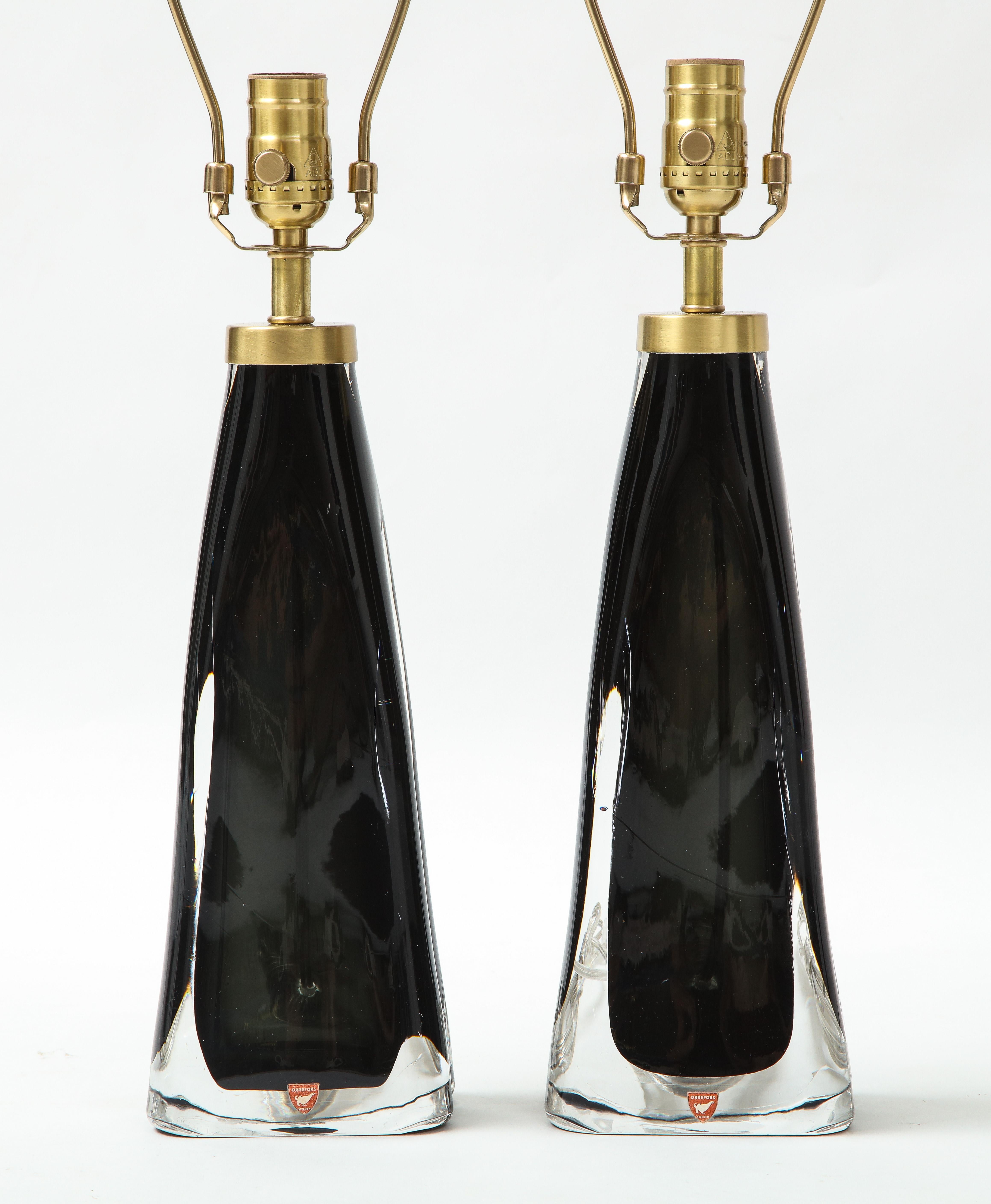 Orrefors Black Crystal Encased Lamps In Good Condition For Sale In New York, NY