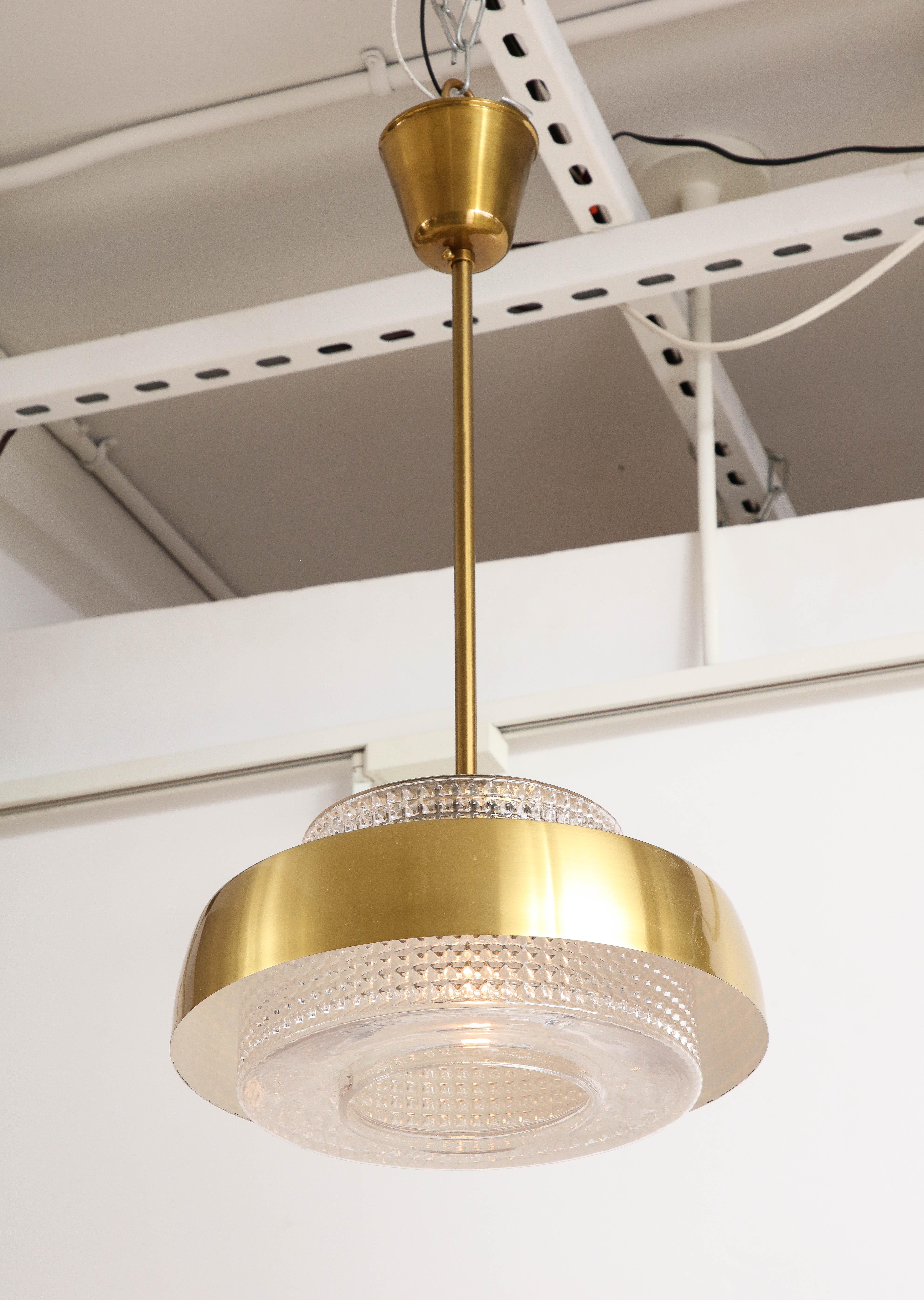 Scandinavian Modern, Orrefors Brass, Glass Pendant In Excellent Condition In New York, NY