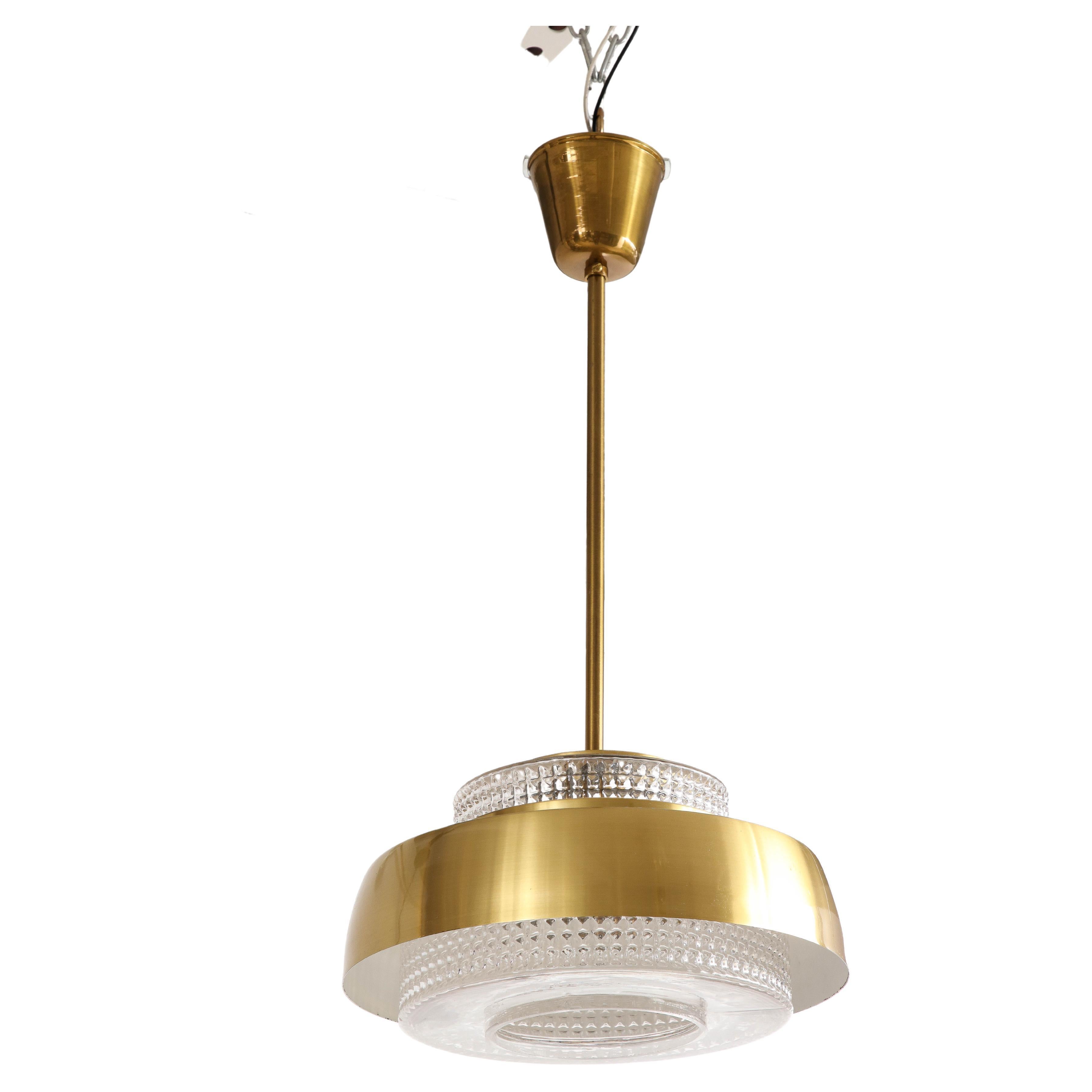 Scandinavian Modern, Orrefors Brass, Glass Pendant