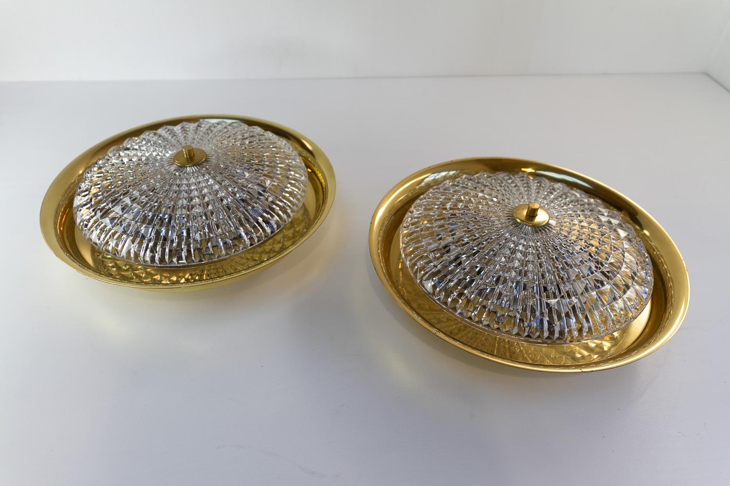 Mid-Century Modern Orrefors Brass Wall or Ceiling Lamps by Fagerlund for Lyfa, 1960s. Set of 2. For Sale