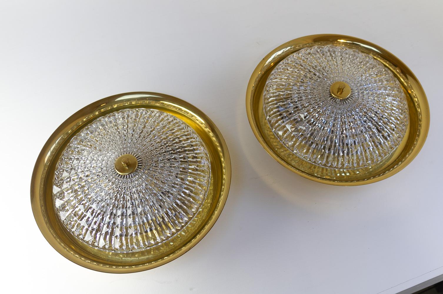 Mid-Century Modern Orrefors Brass Wall or Ceiling Lamps by Fagerlund for Lyfa, 1960s. Set of 2. For Sale