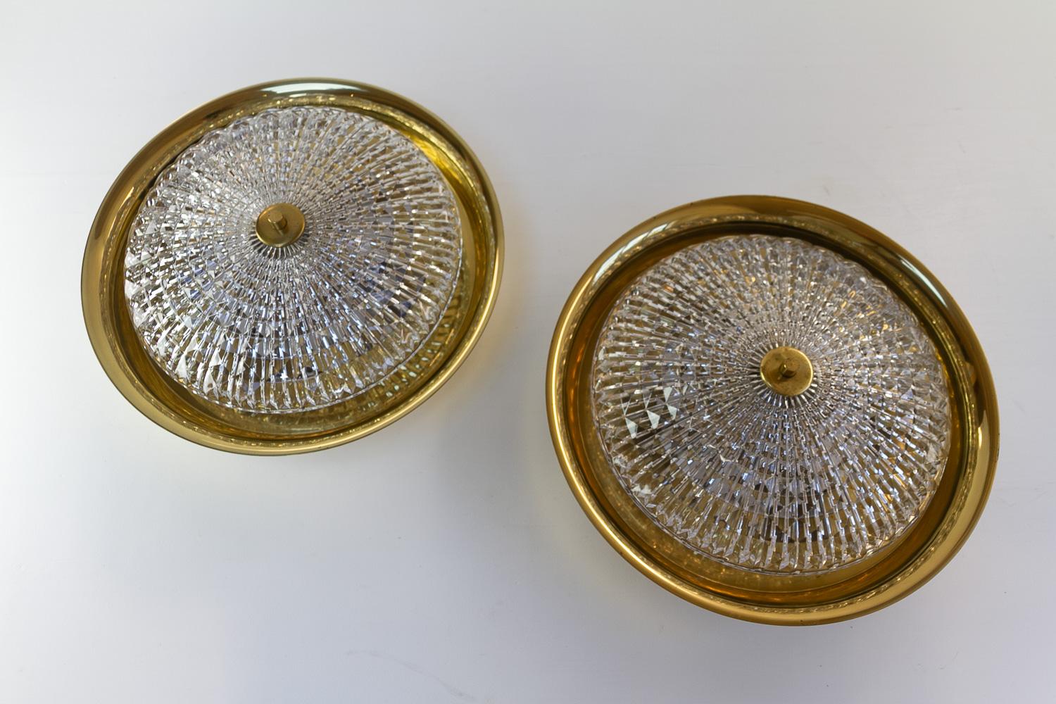 Danish Orrefors Brass Wall or Ceiling Lamps by Fagerlund for Lyfa, 1960s. Set of 2. For Sale