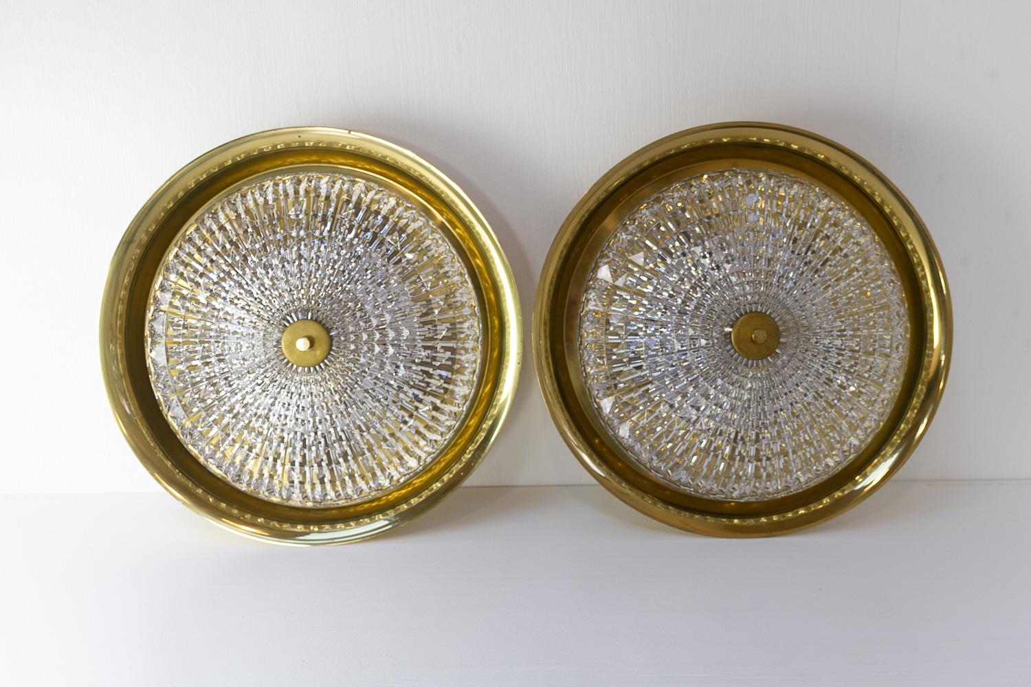 Orrefors Brass Wall or Ceiling Lamps by Fagerlund for Lyfa, 1960s. Set of 2. In Good Condition For Sale In Asaa, DK