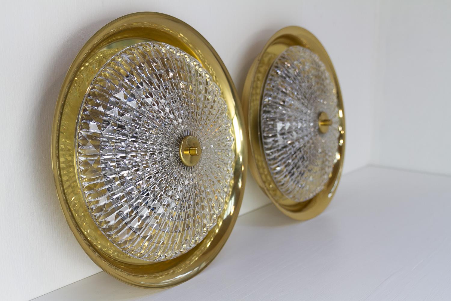 Mid-20th Century Orrefors Brass Wall or Ceiling Lamps by Fagerlund for Lyfa, 1960s. Set of 2. For Sale