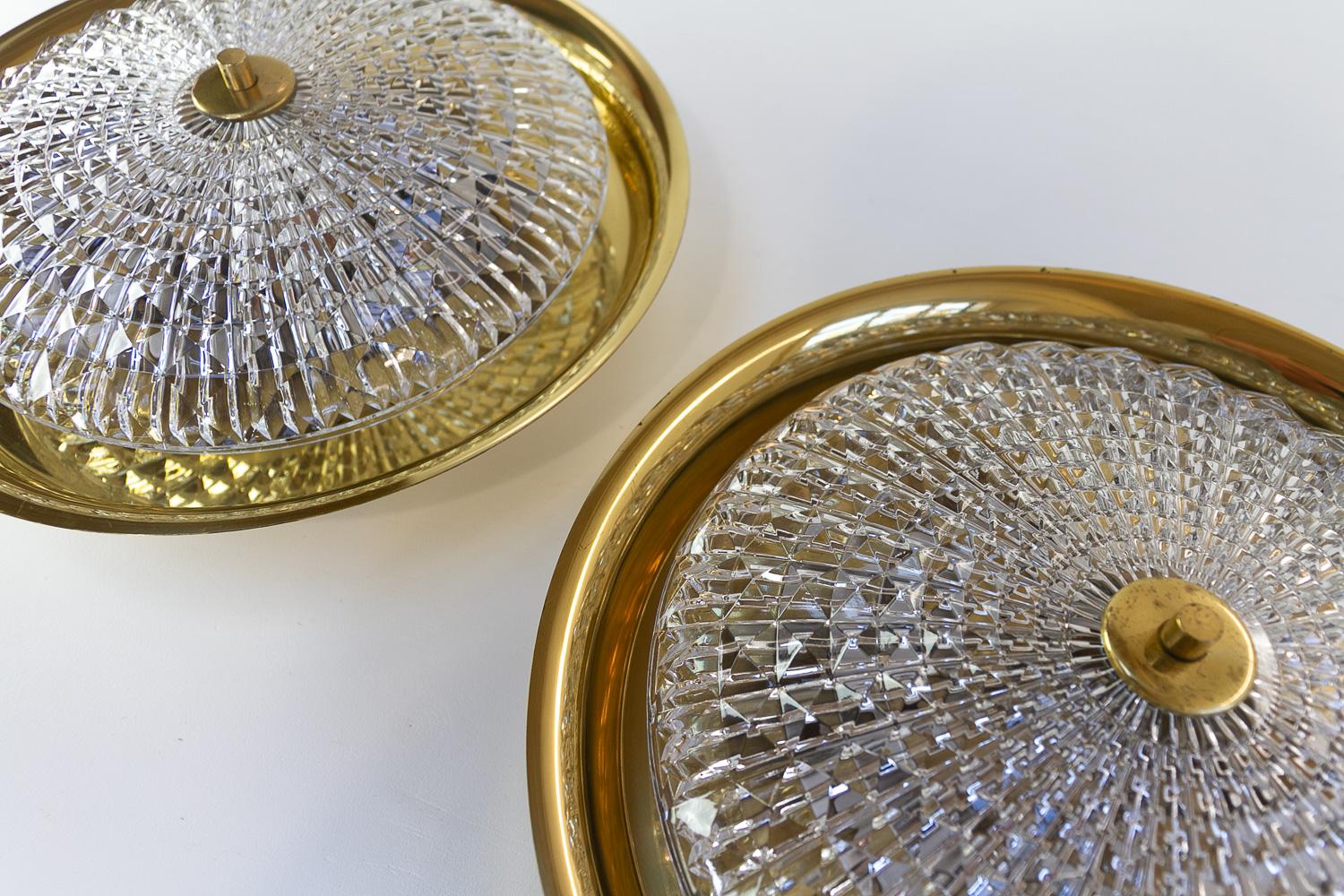 Crystal Orrefors Brass Wall or Ceiling Lamps by Fagerlund for Lyfa, 1960s. Set of 2. For Sale