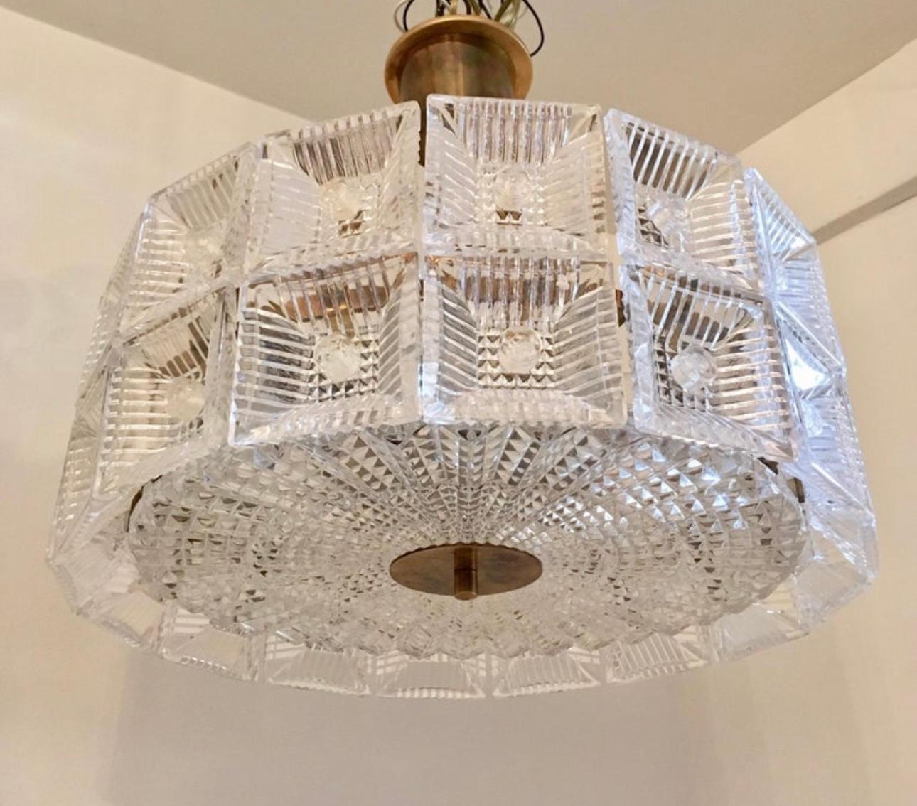Mid-Century Modern Orrefors Carl Fagerlund 1960s Crystal Flush Chandelier Pendant en vente