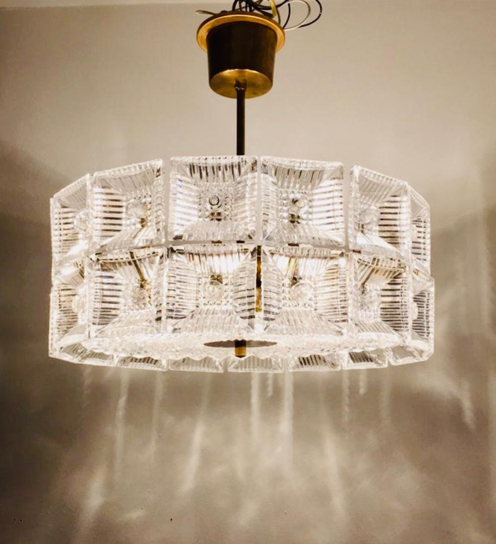 Milieu du XXe siècle Orrefors Carl Fagerlund 1960s Crystal Flush Chandelier Pendant en vente