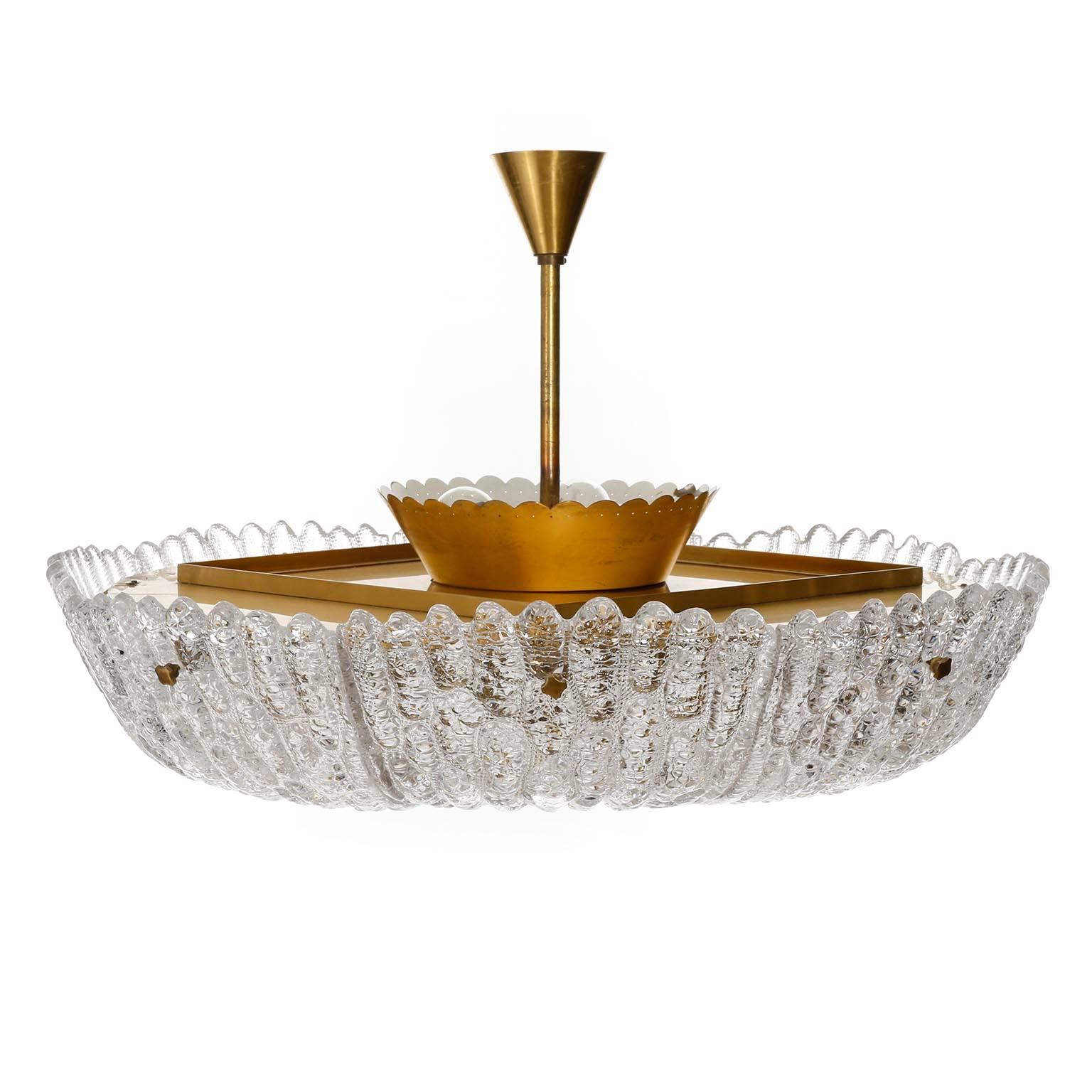 Mid-20th Century Large Orrefors Chandelier by Carl Fagerlund, Glass Brass, Sweden, 1960s