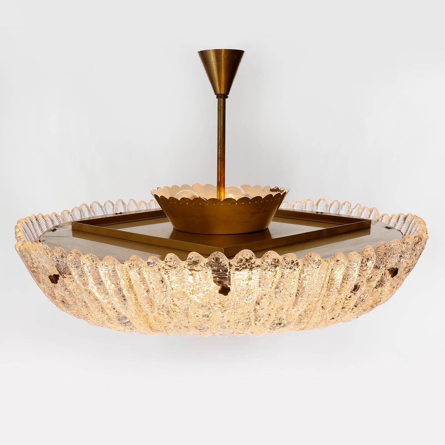 Large Orrefors Chandelier by Carl Fagerlund, Glass Brass, Sweden, 1960s 4