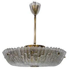 Orrefors Chandelier by Carl Fagerlund Pressed Crystal Brass Frame, Sweden, 1950
