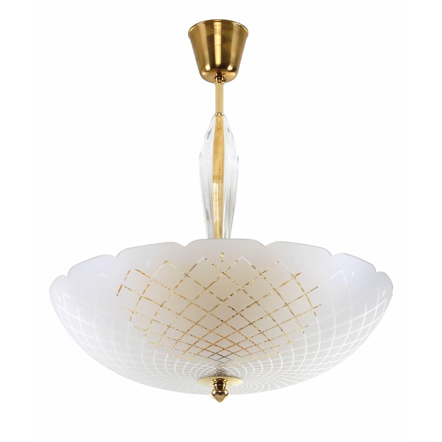 Scandinavian Modern Orrefors Chandelier by Lyfa/Orrefors, 1950s, Large Crystal & Brass Ceiling Light For Sale