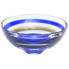 Orrefors Cobalt Blue and Brown Striped Crystal Glass Bowl Signed Retro