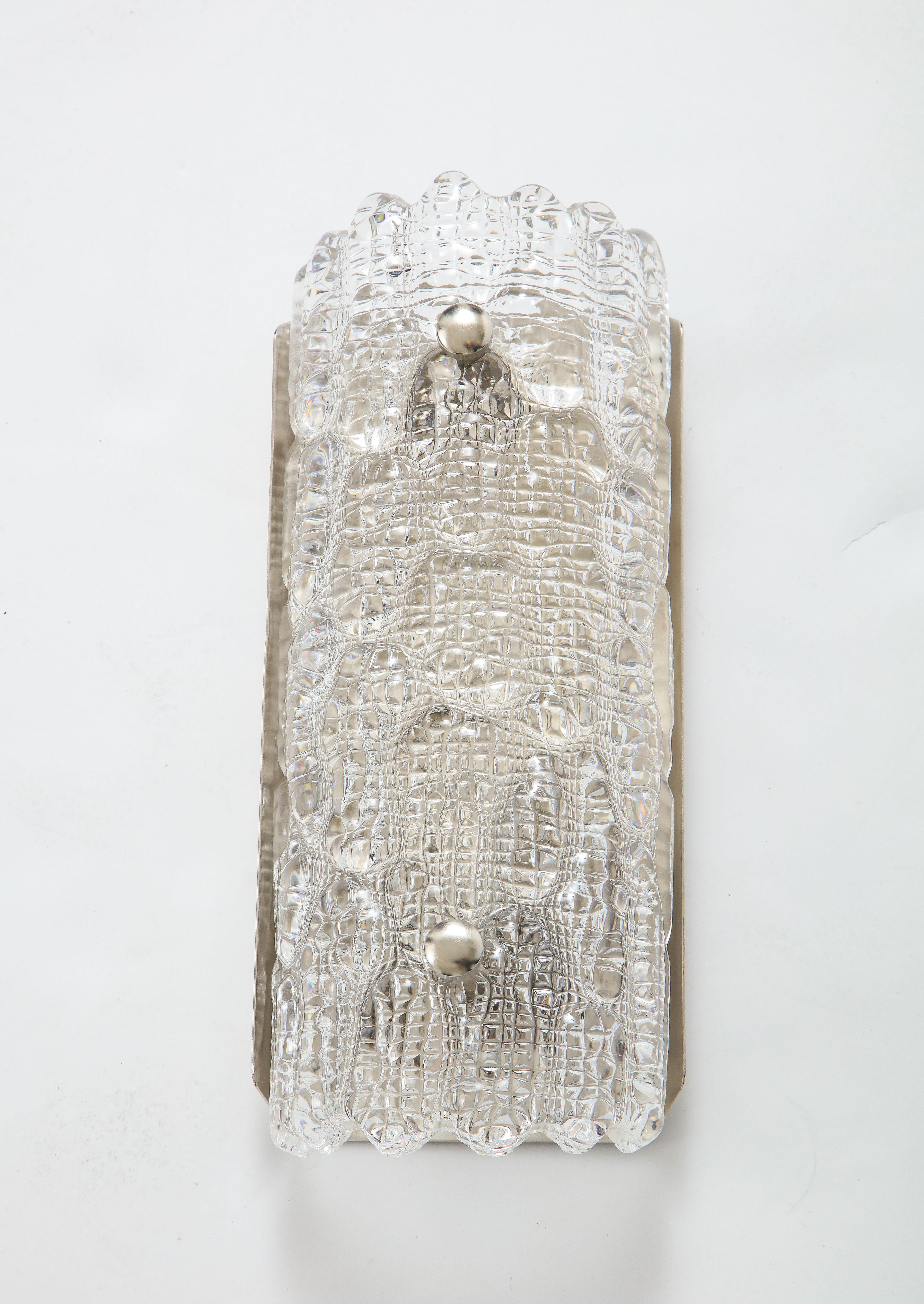 Pair of crystal shield sconces with a croco relief pattern, in satin nickel frames. Rewired for use in the USA, 60W max.
