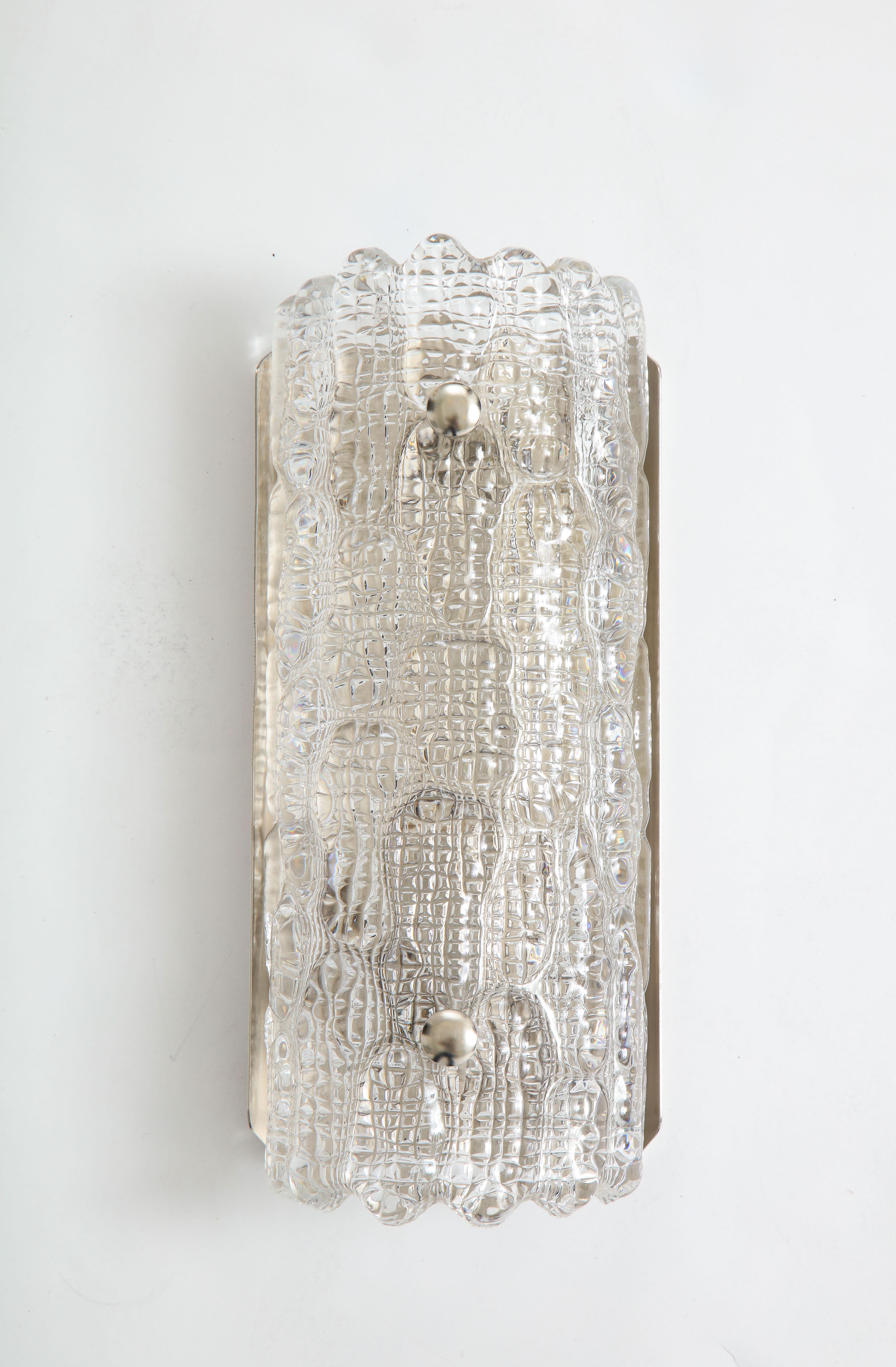Scandinavian Modern Orrefors Croco Embossed Crystal / Nickel Sconces, 1 of 3 Pairs For Sale