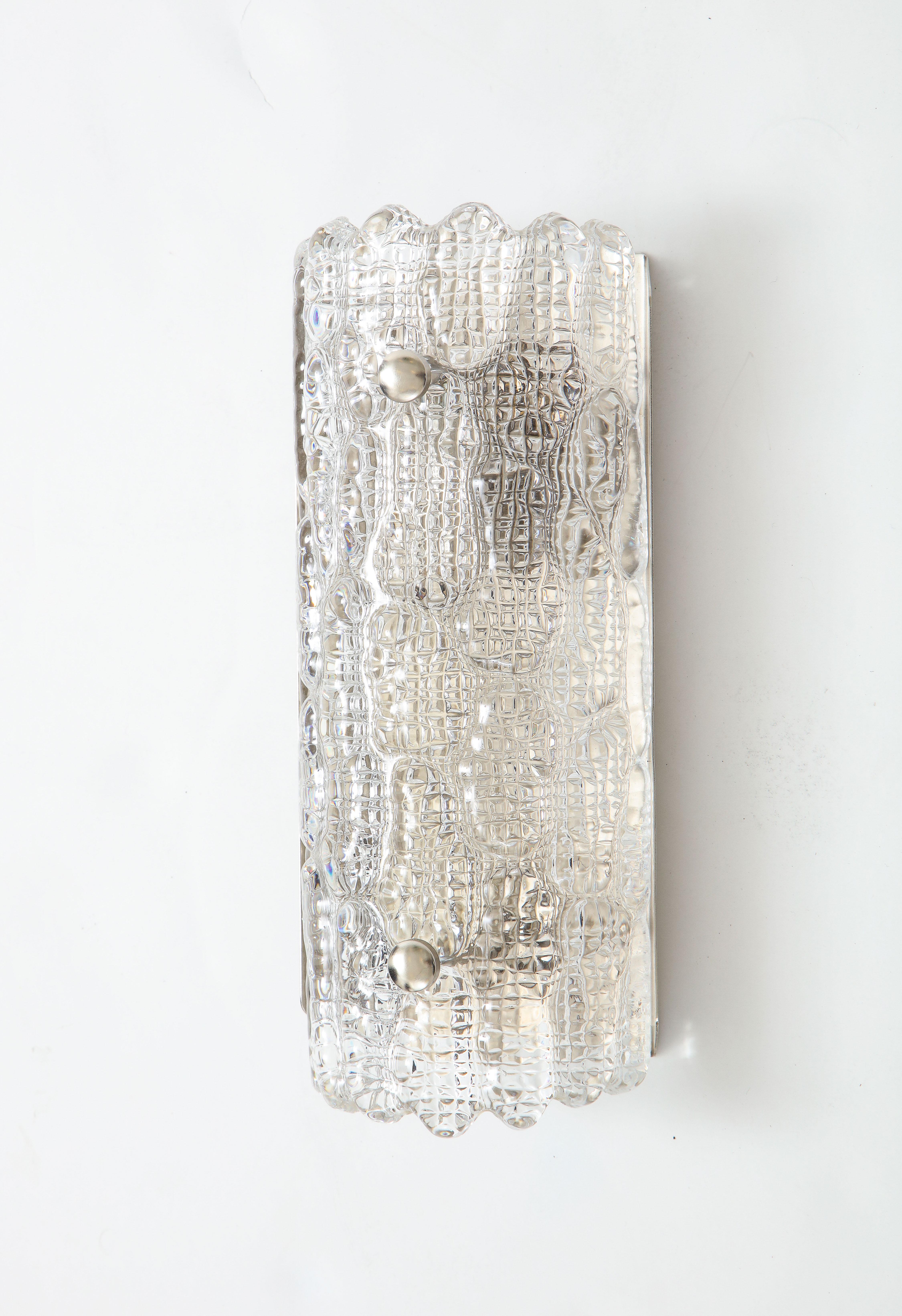 Orrefors Croco Embossed Crystal / Nickel Sconces, 1 of 3 Pairs In Excellent Condition For Sale In New York, NY