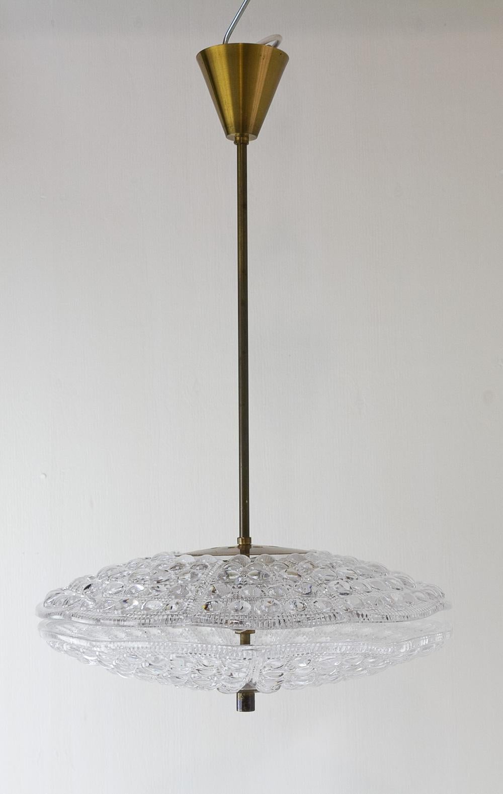 Mid-Century Modern Orrefors Crystal and Brass Pendant by Fagerlund for Lyfa, 1960s. For Sale