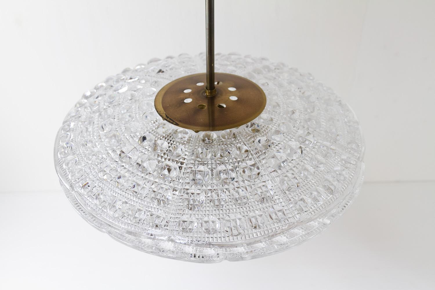 Danish Orrefors Crystal and Brass Pendant by Fagerlund for Lyfa, 1960s. For Sale