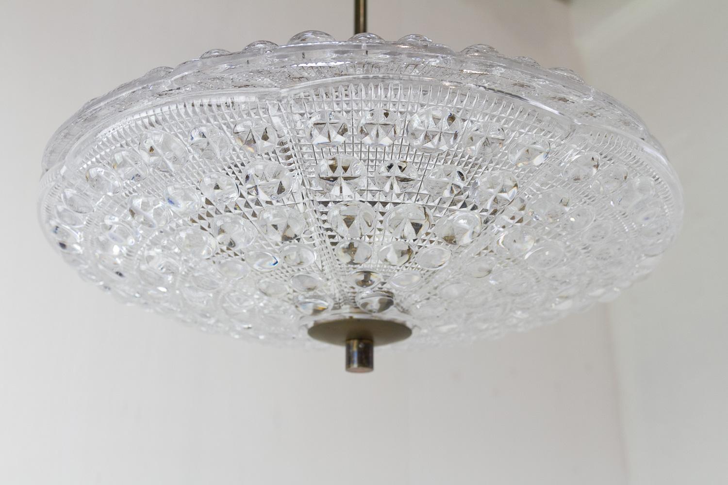 Mid-20th Century Orrefors Crystal and Brass Pendant by Fagerlund for Lyfa, 1960s. For Sale