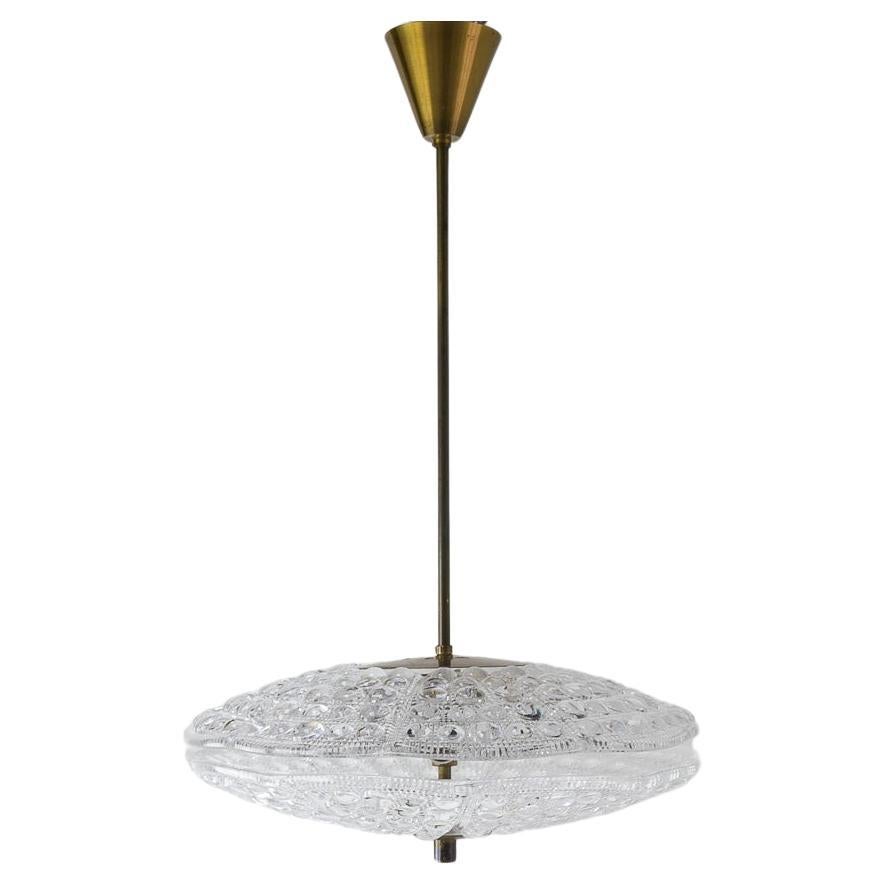 Orrefors Crystal and Brass Pendant by Fagerlund for Lyfa, 1960s. For Sale